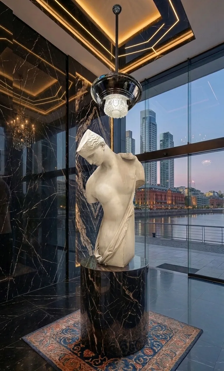 древняя скульптура в современном интерьере, с городским фоном