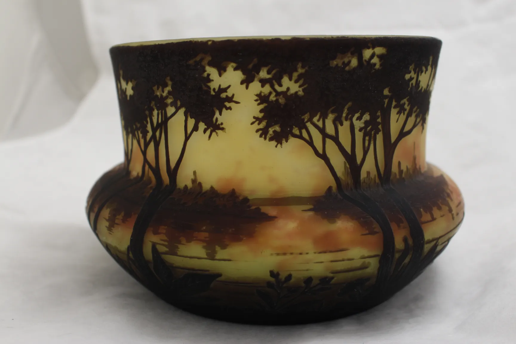 Ancien verre signé par Daum Nancy avec un paysage décoratif de la nature.