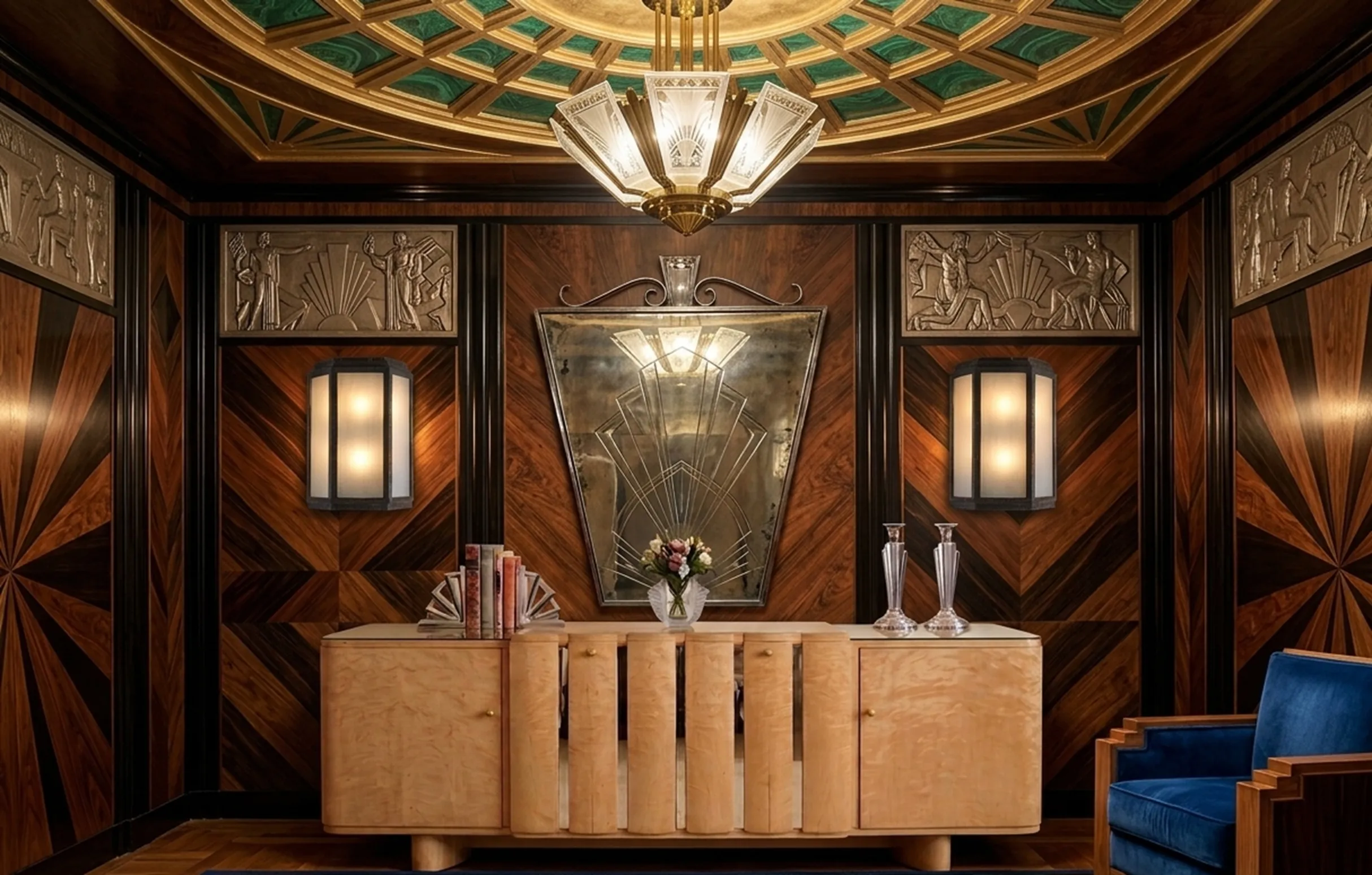 credenza antica con decorazioni e luce soffusa