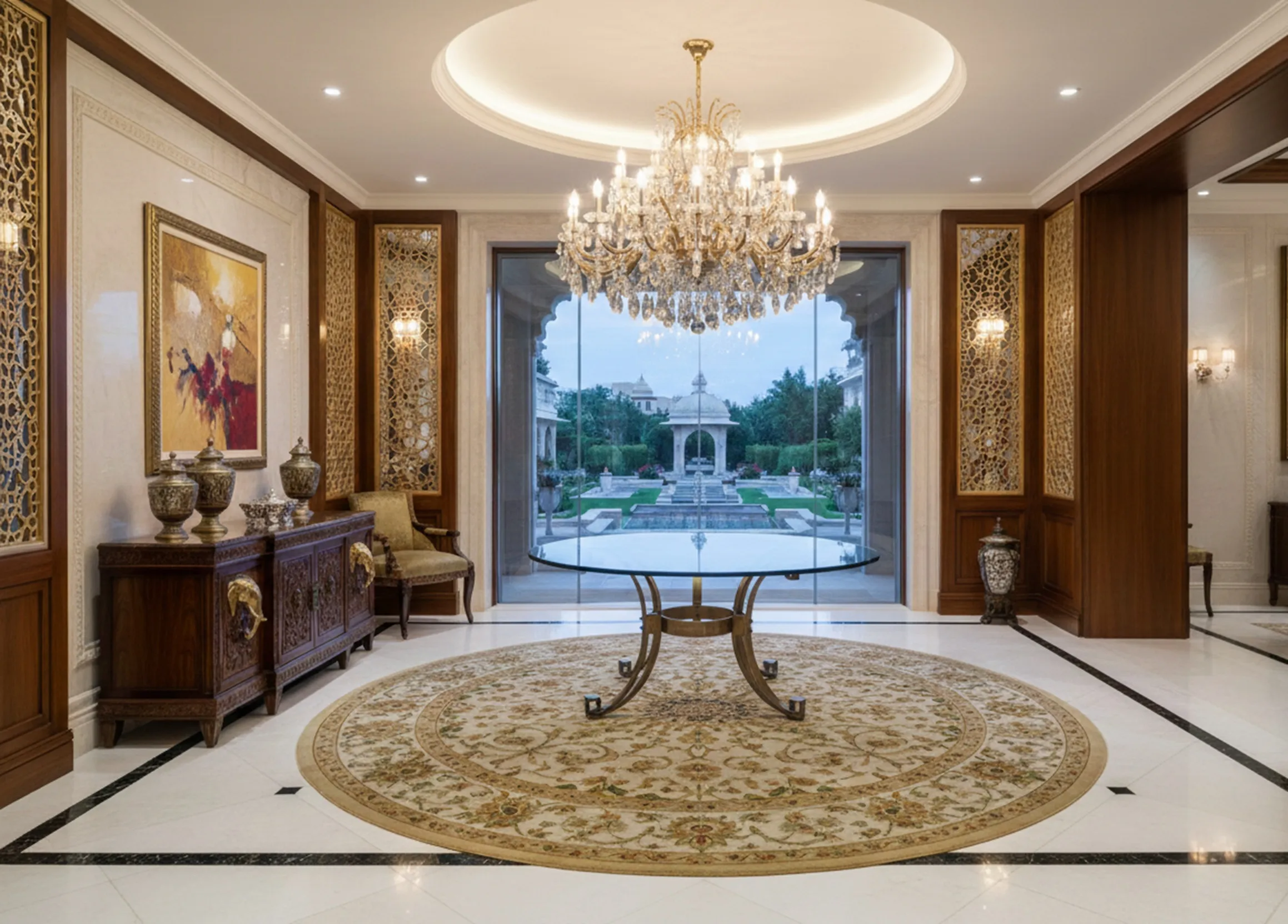 Antique dining table for 6 people with an elegant setting.