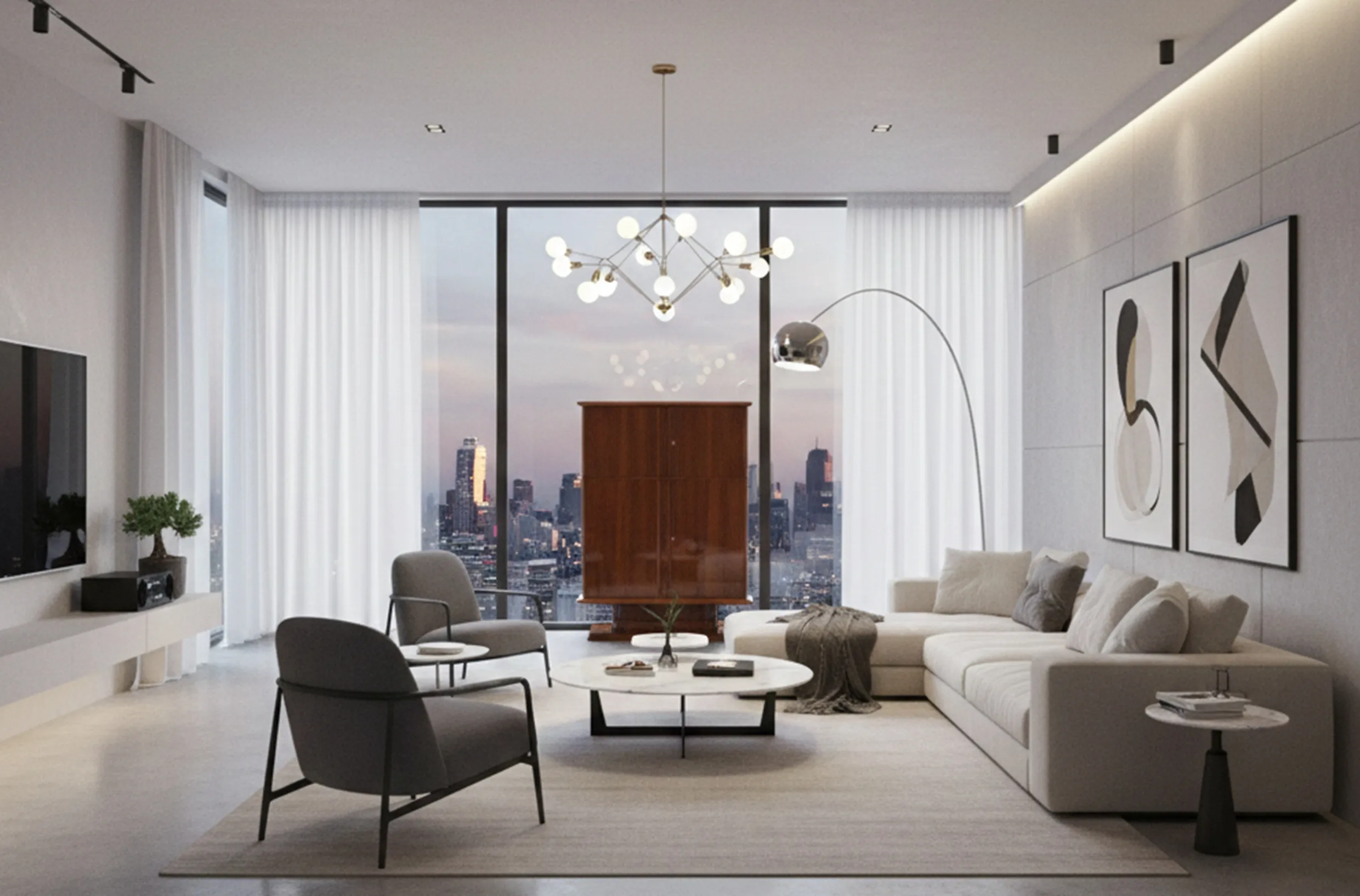 antique bookcase in a modern living room with view