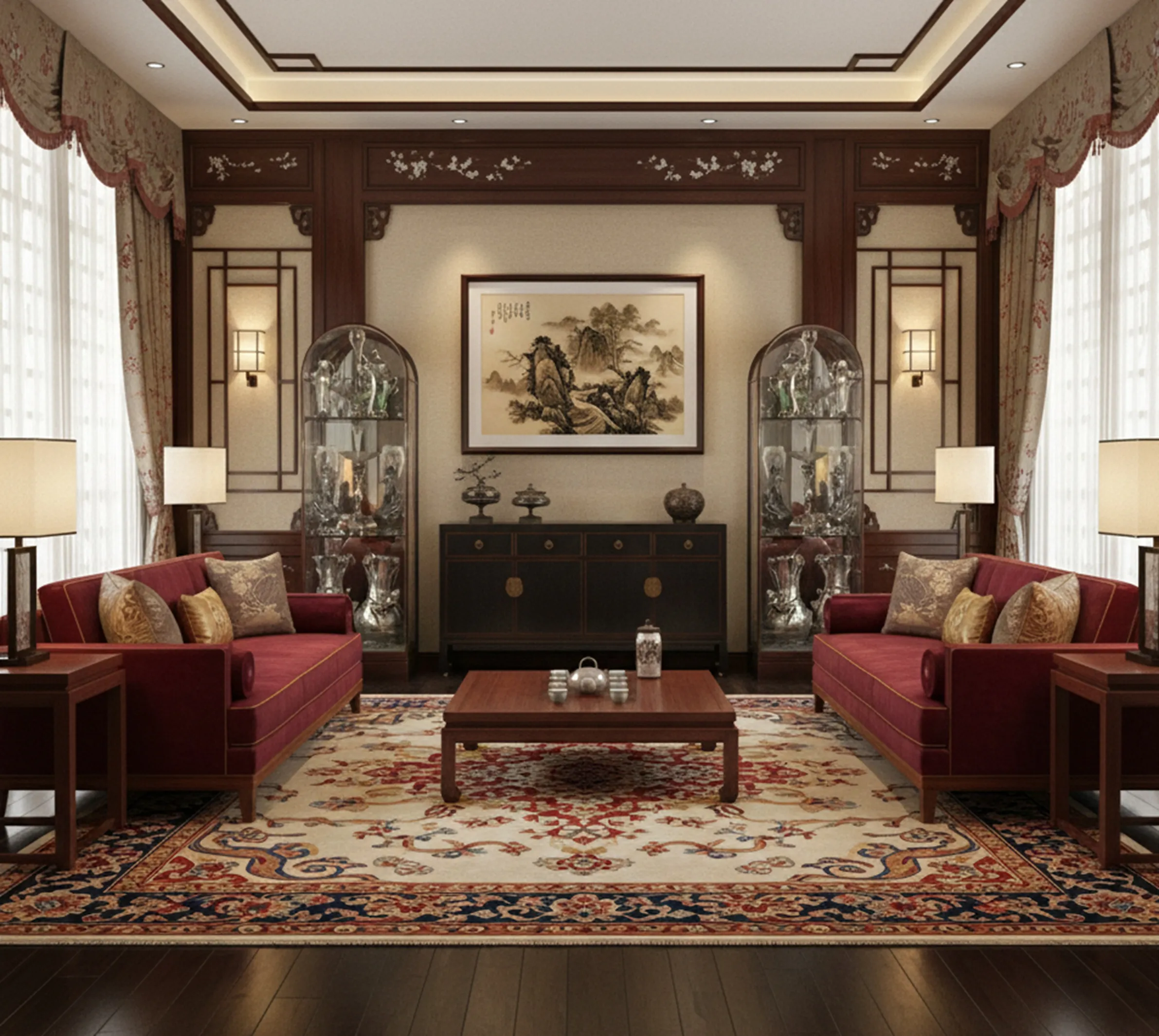 Two antique display cabinets adorning a cozy elegant living room
