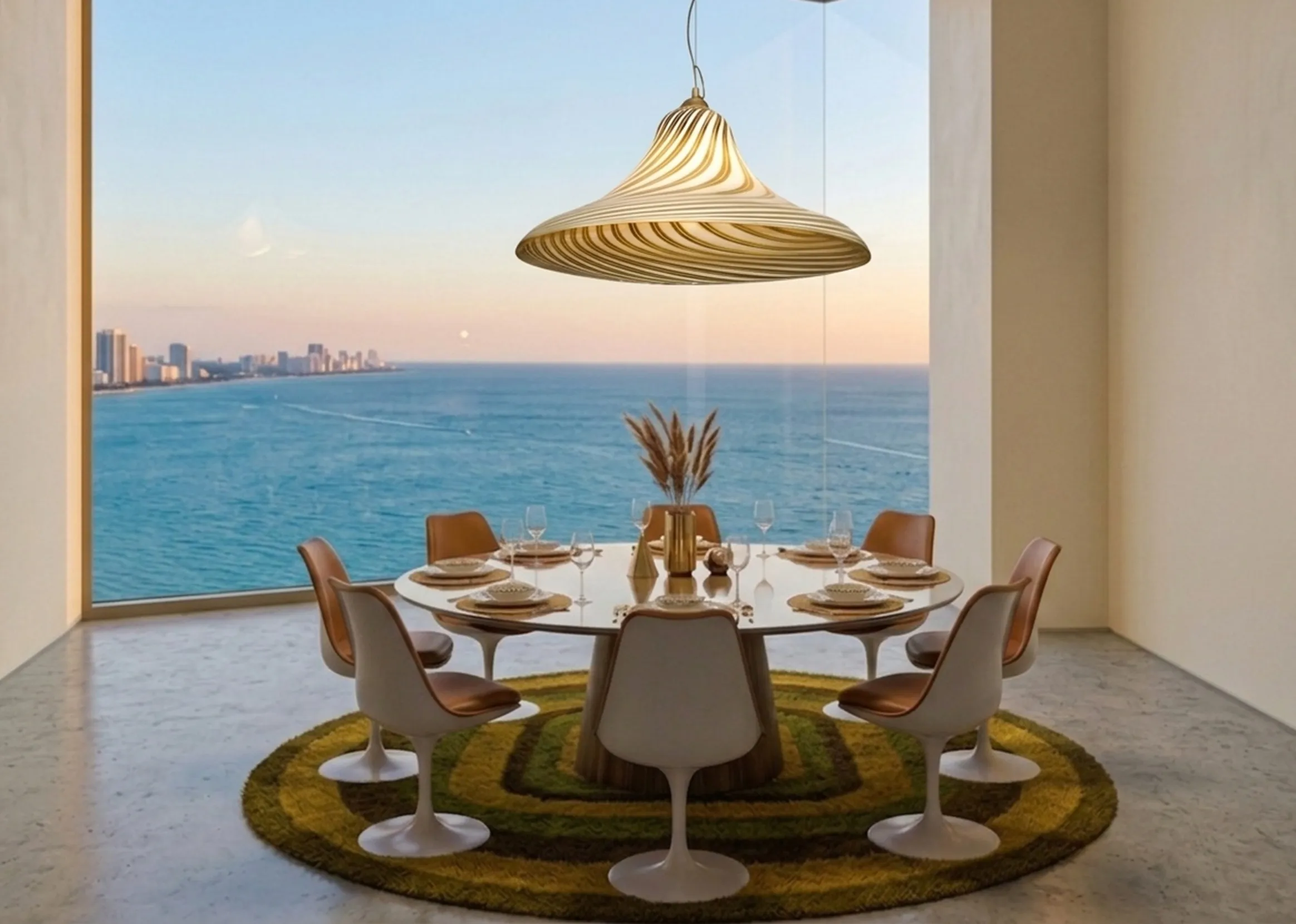 antique hanging lamp with modern shape in a seaside dining room.