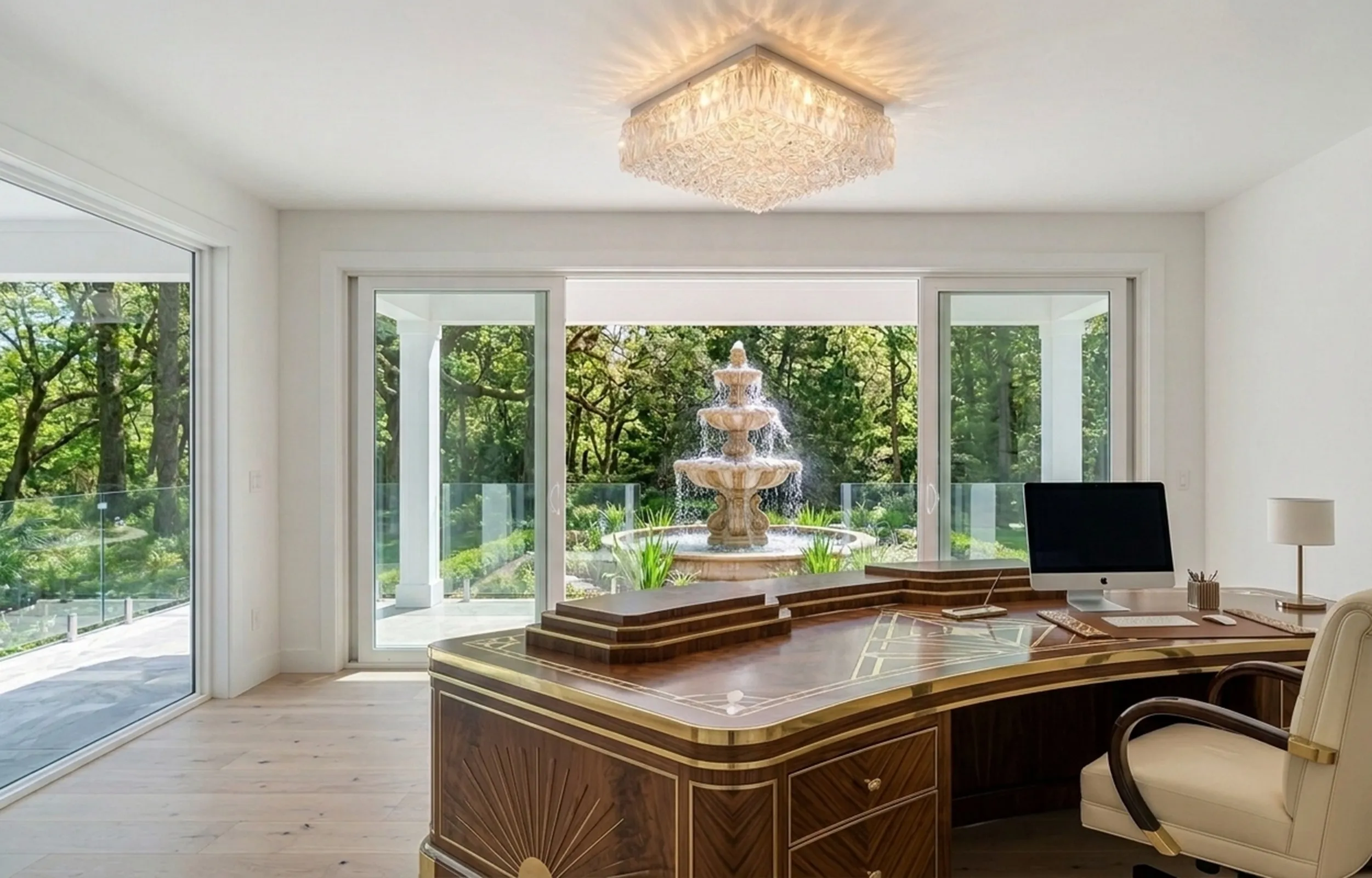 antique ceiling light in room with desk and garden view