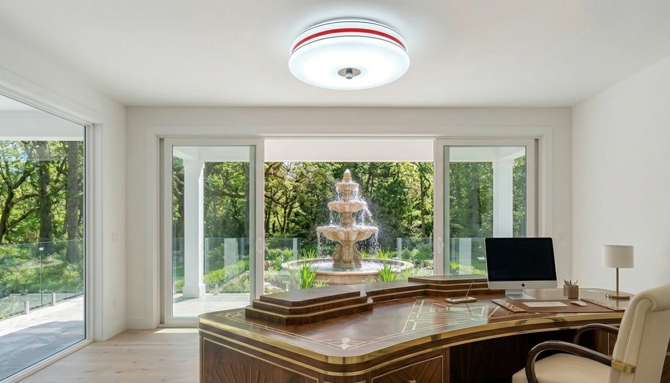antique ceiling light hanging in a modern office