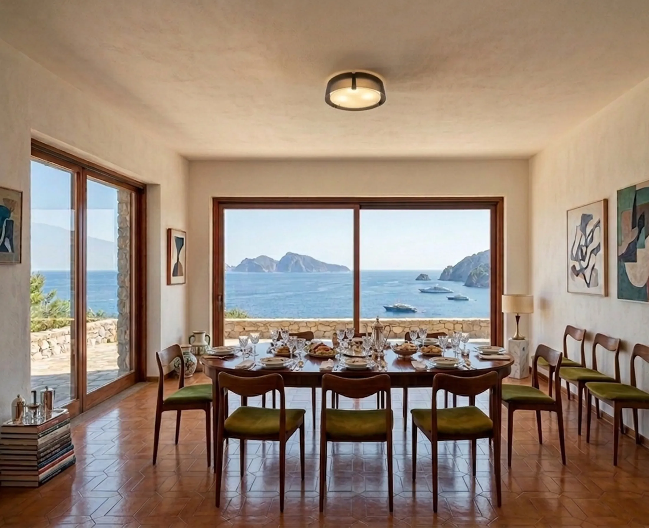 Vintage ceiling light illuminating a dining room with ocean views and elegant decor.