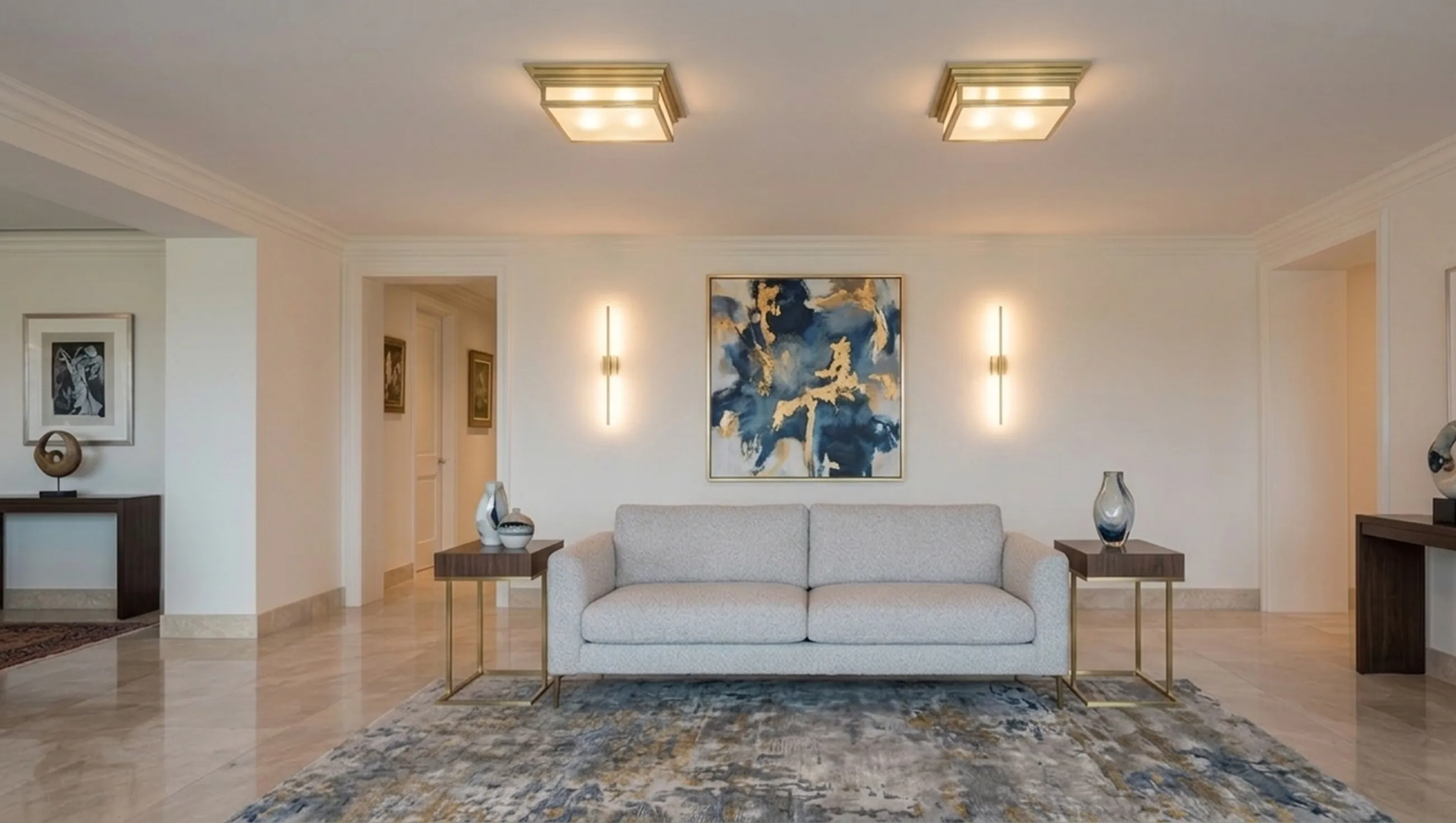 Two antique ceiling lights in a modern living room with sofa