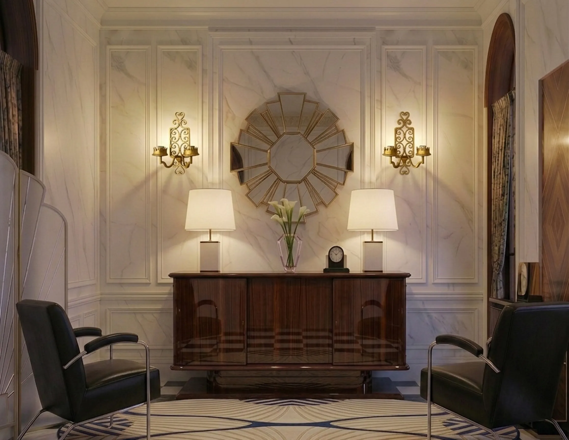 antique sideboard in an elegant setting with chairs and lamps