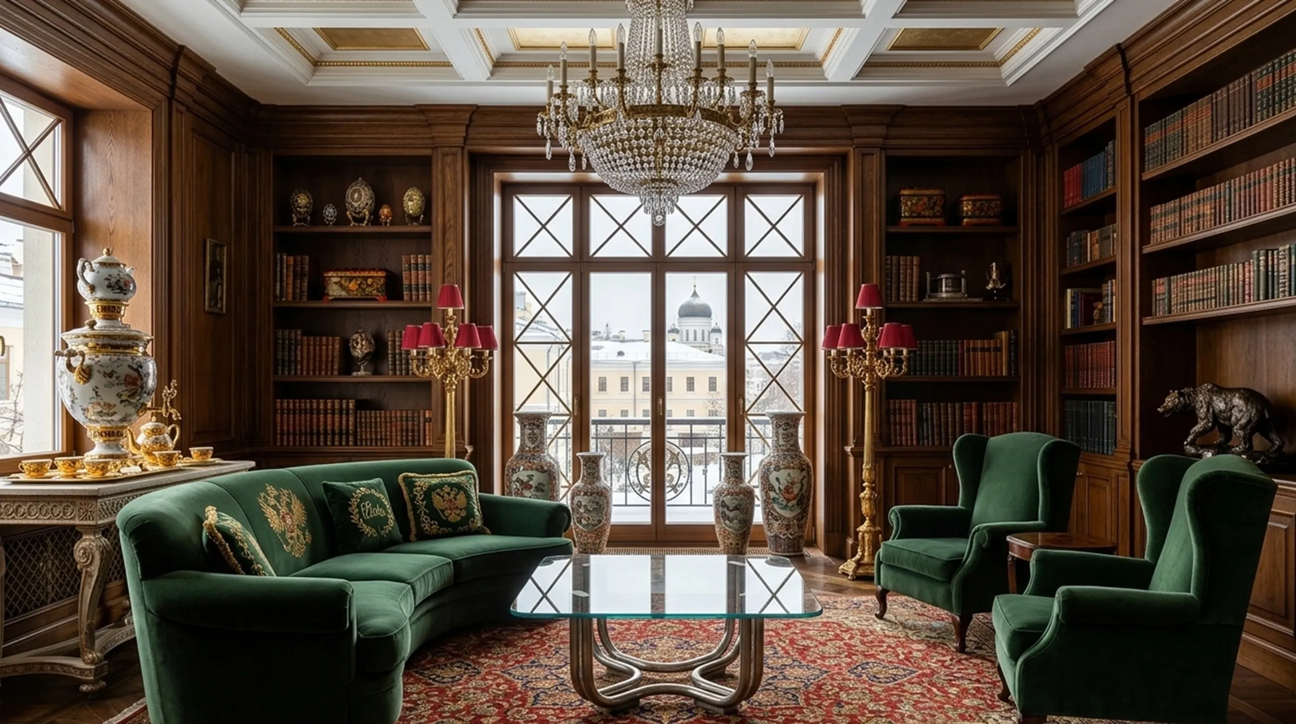 Antique coffee table in an elegantly decorated room