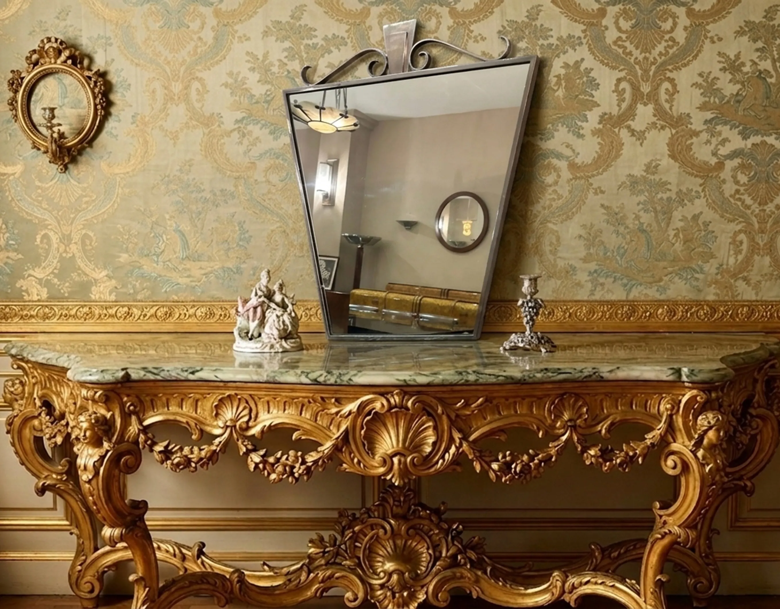 antique wall mirror with decorative frame, beige background