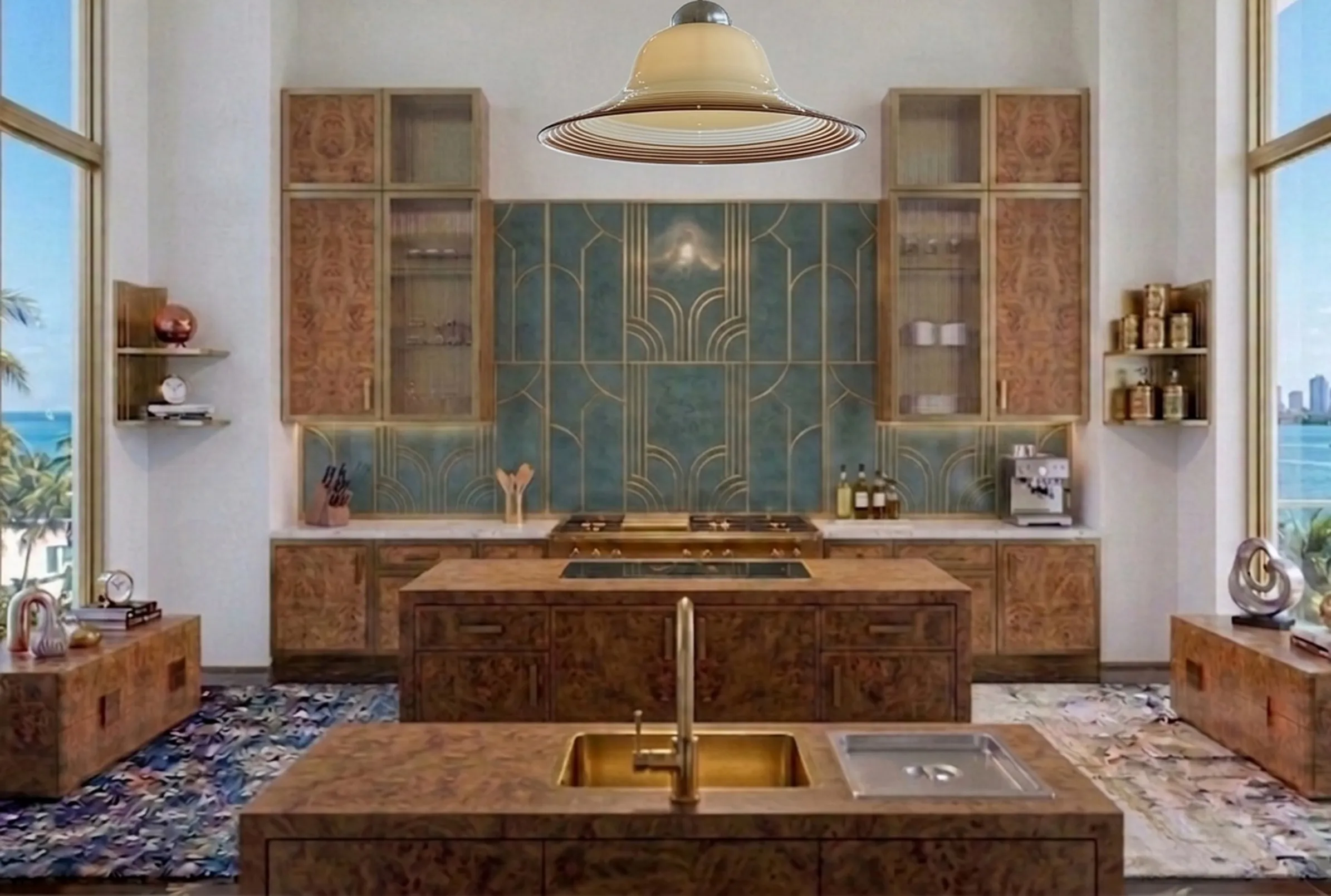 antique hanging lamp in a modern kitchen setting