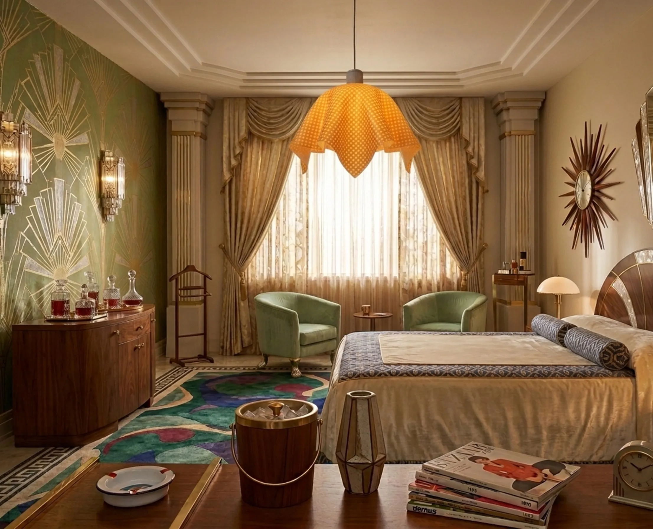 Antique hanging lamp with a yellow flower shape and white dots, in an elegant room.