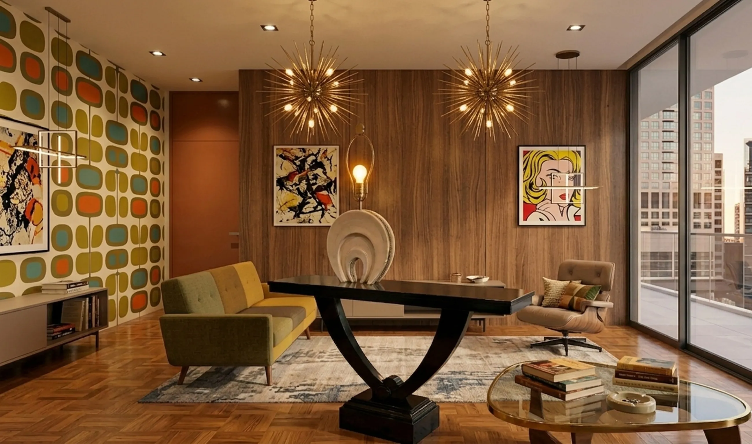 two antique consoles in a modern setting with lamps