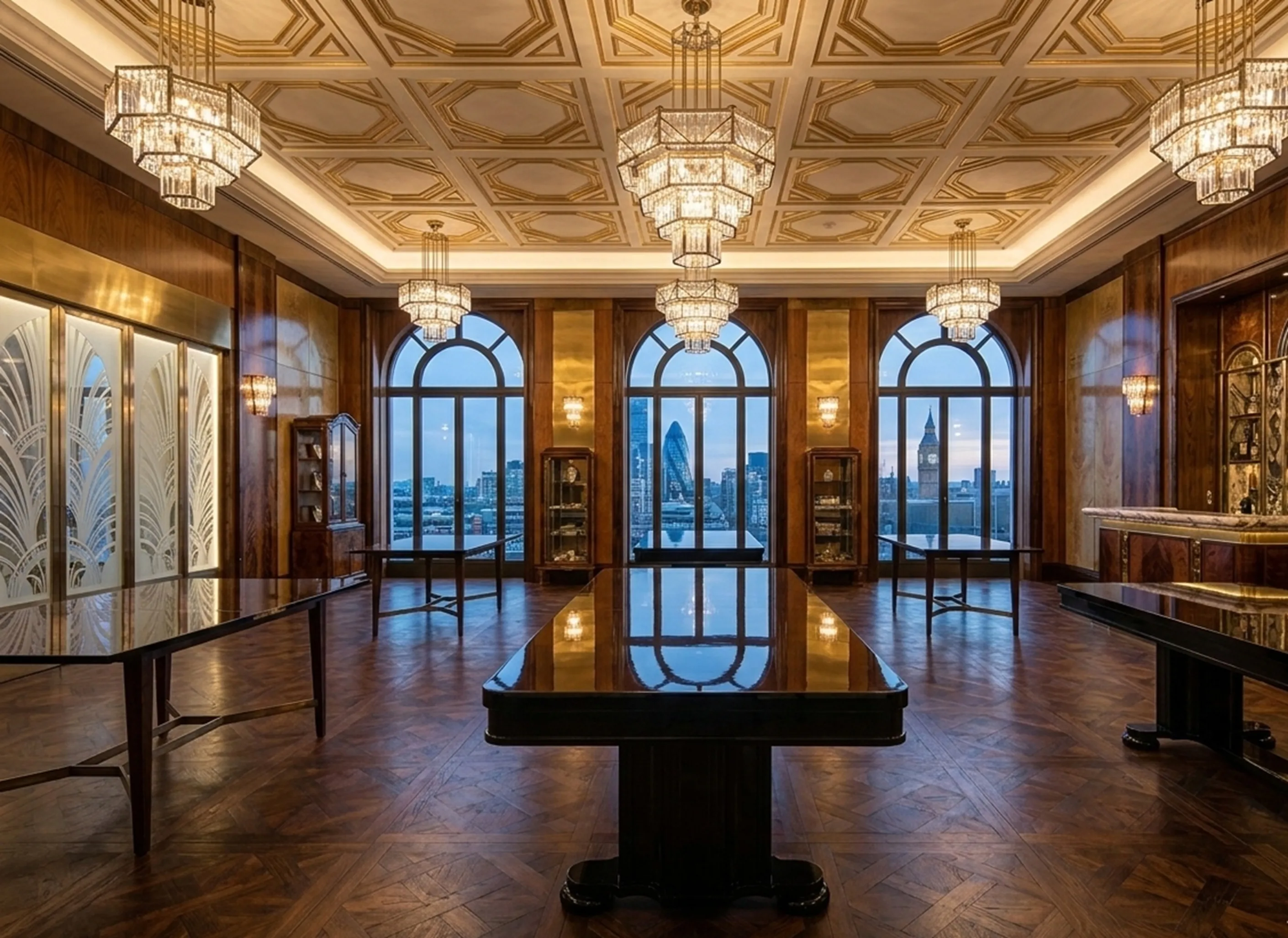 Antique dining table for 10 people in elegant setting with view.