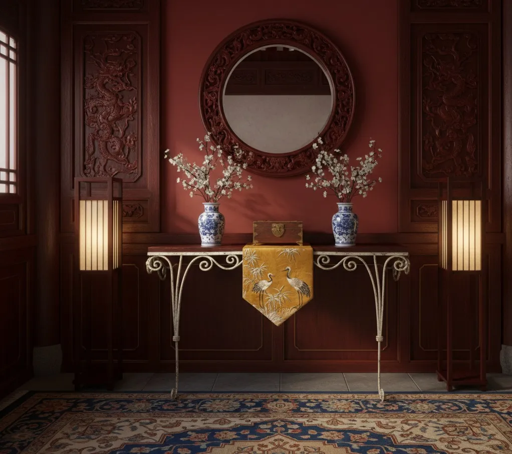 Antique decorative console with flowers and mirrors