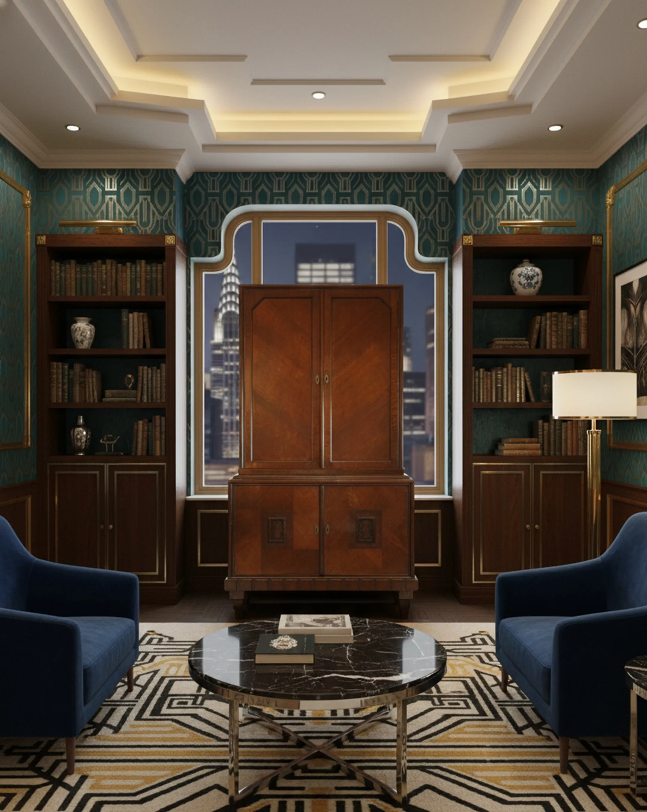 Antique bookcase filled with books, elegant ambiance.