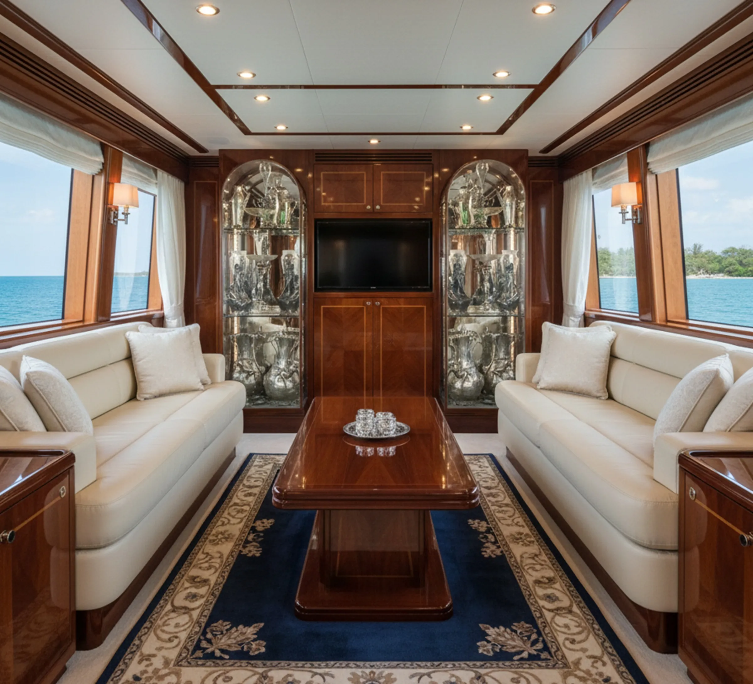 Antique display cabinets in an elegant living room with sofa and decor