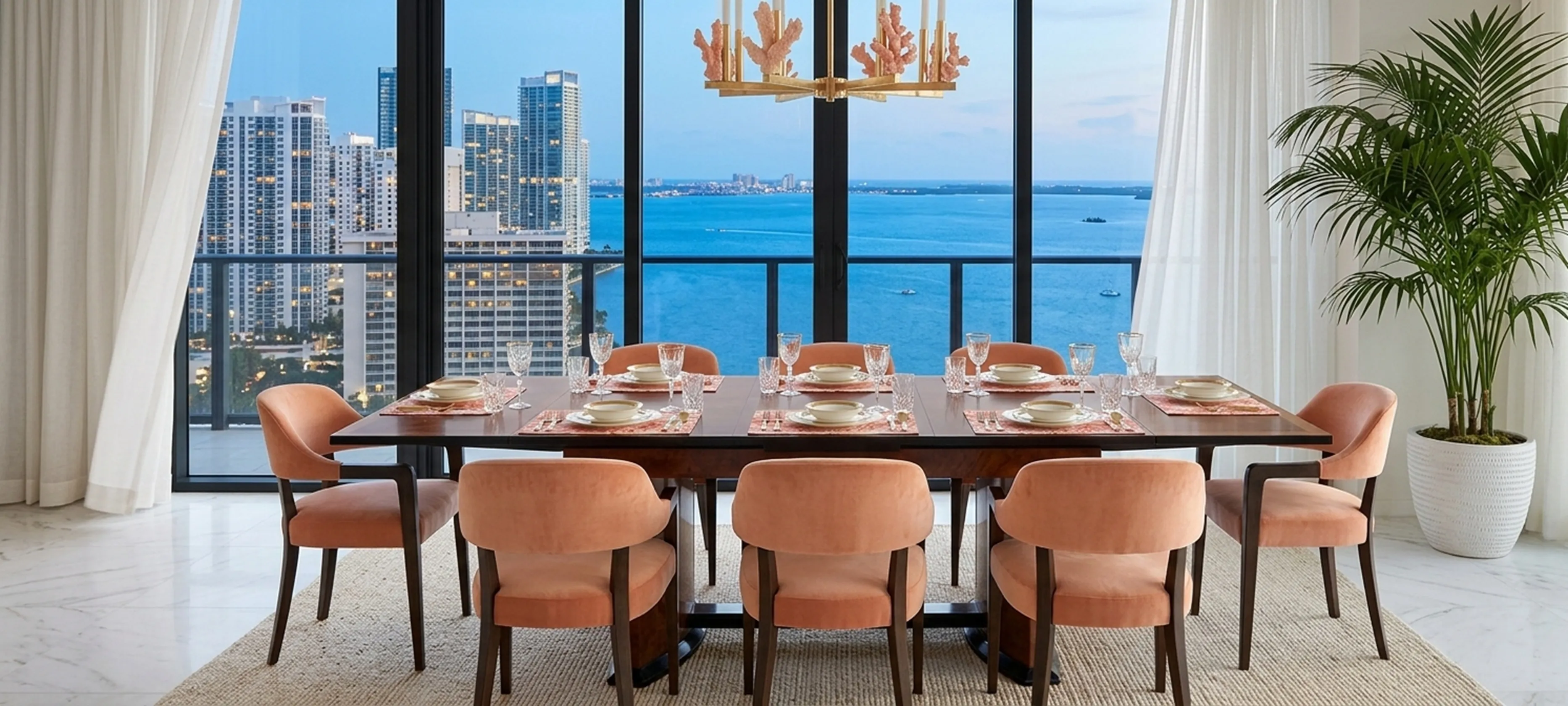 Antique dining table for 12 people with a sea view and elegant chairs