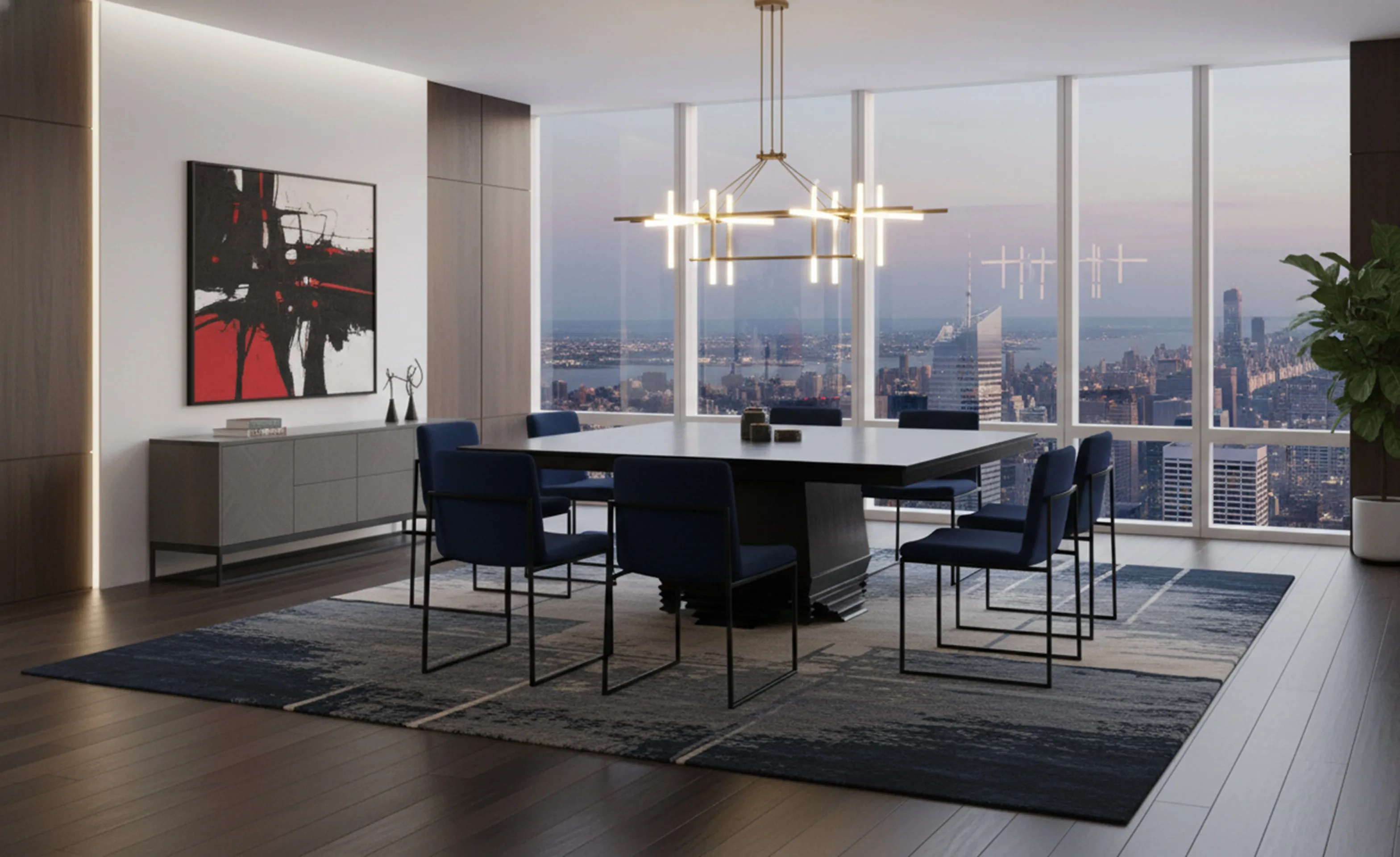 antique dining table with chairs, city view