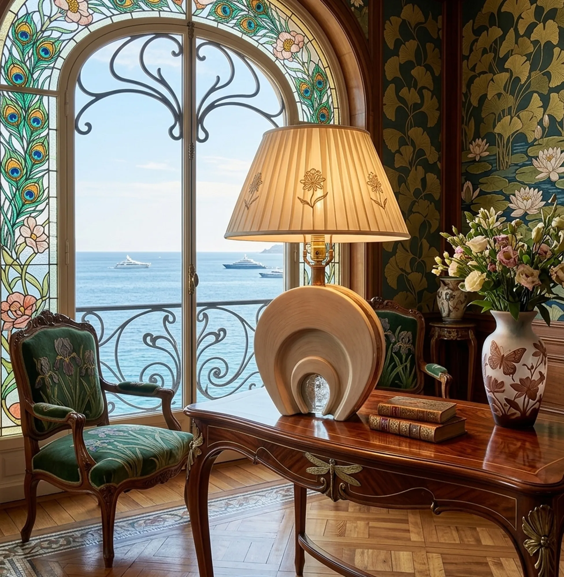 luminária de mesa antiga com cúpula branca, decorada com flores, em uma mesa de madeira