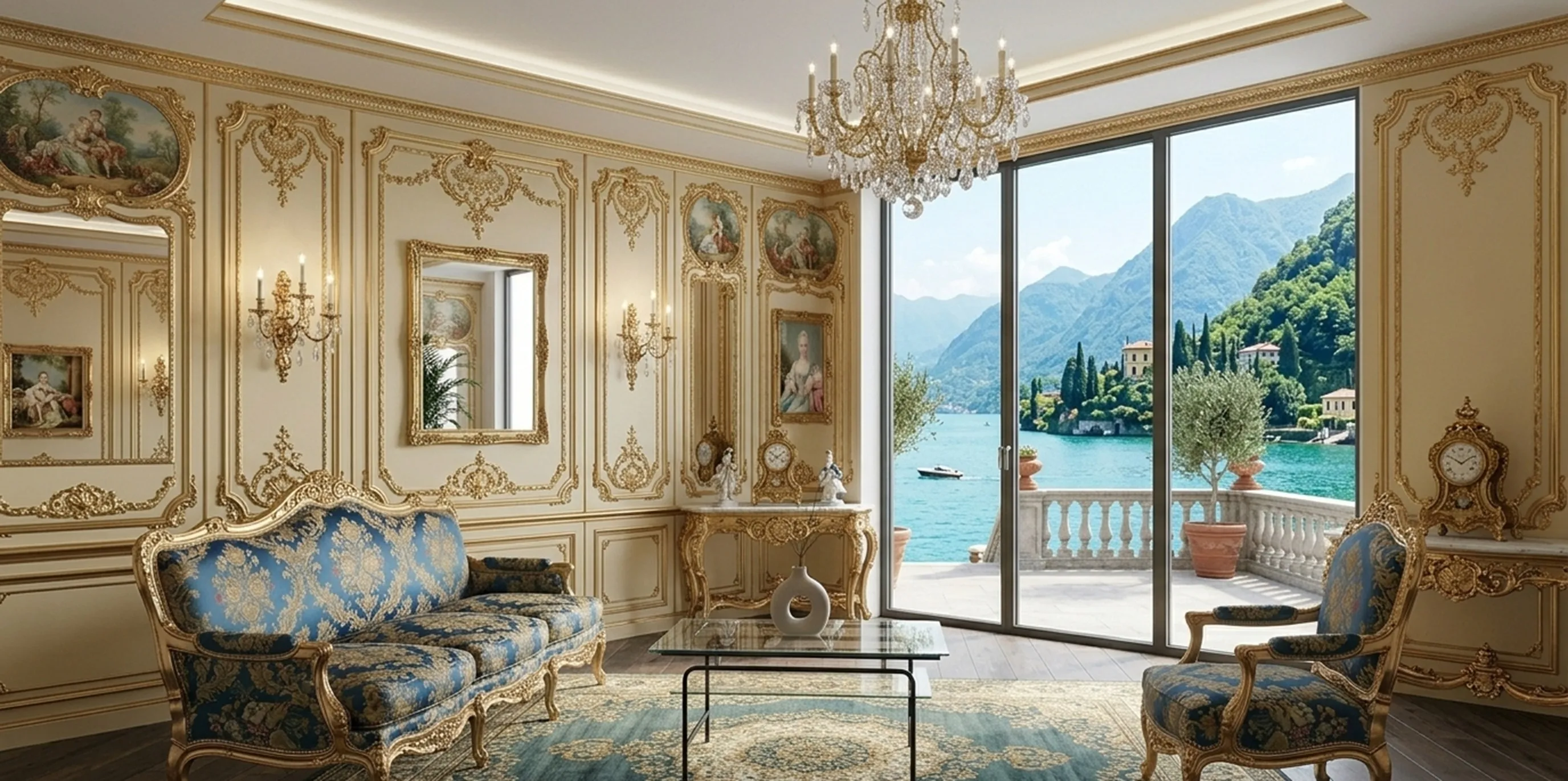 Antique coffee table in an elegant living room with lake view