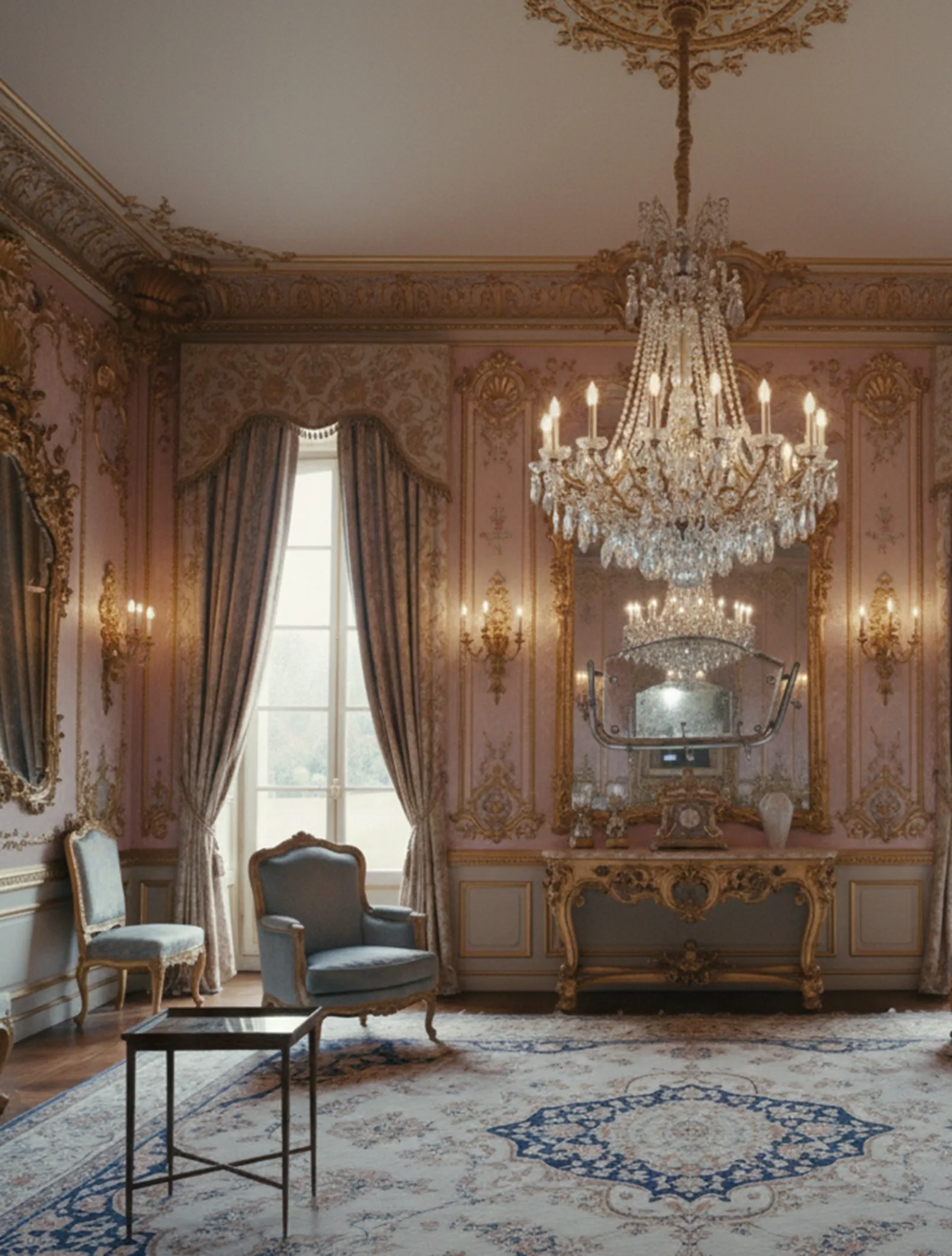antique table Chanaux et Pelletier in an elegant room with chandeliers