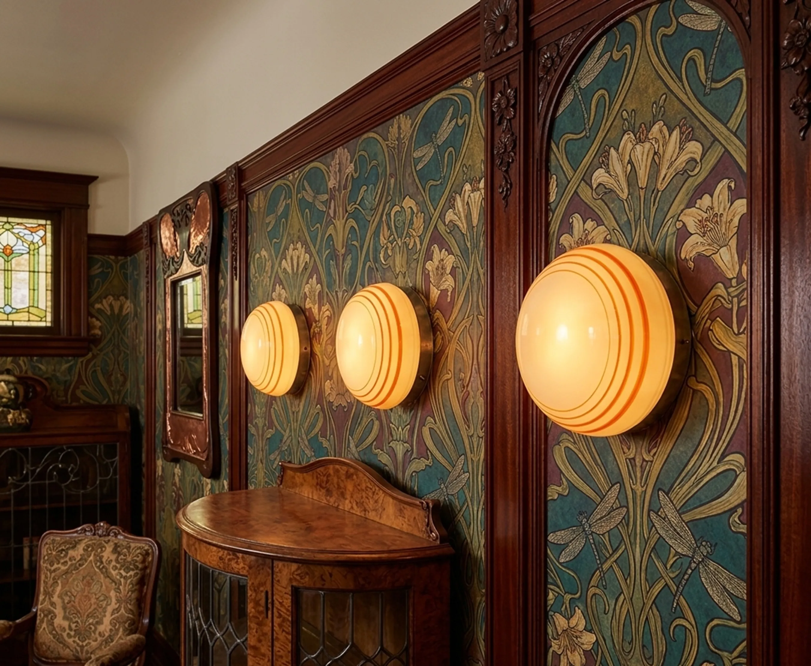 three antique ceiling lights illuminating a wall with decorative art