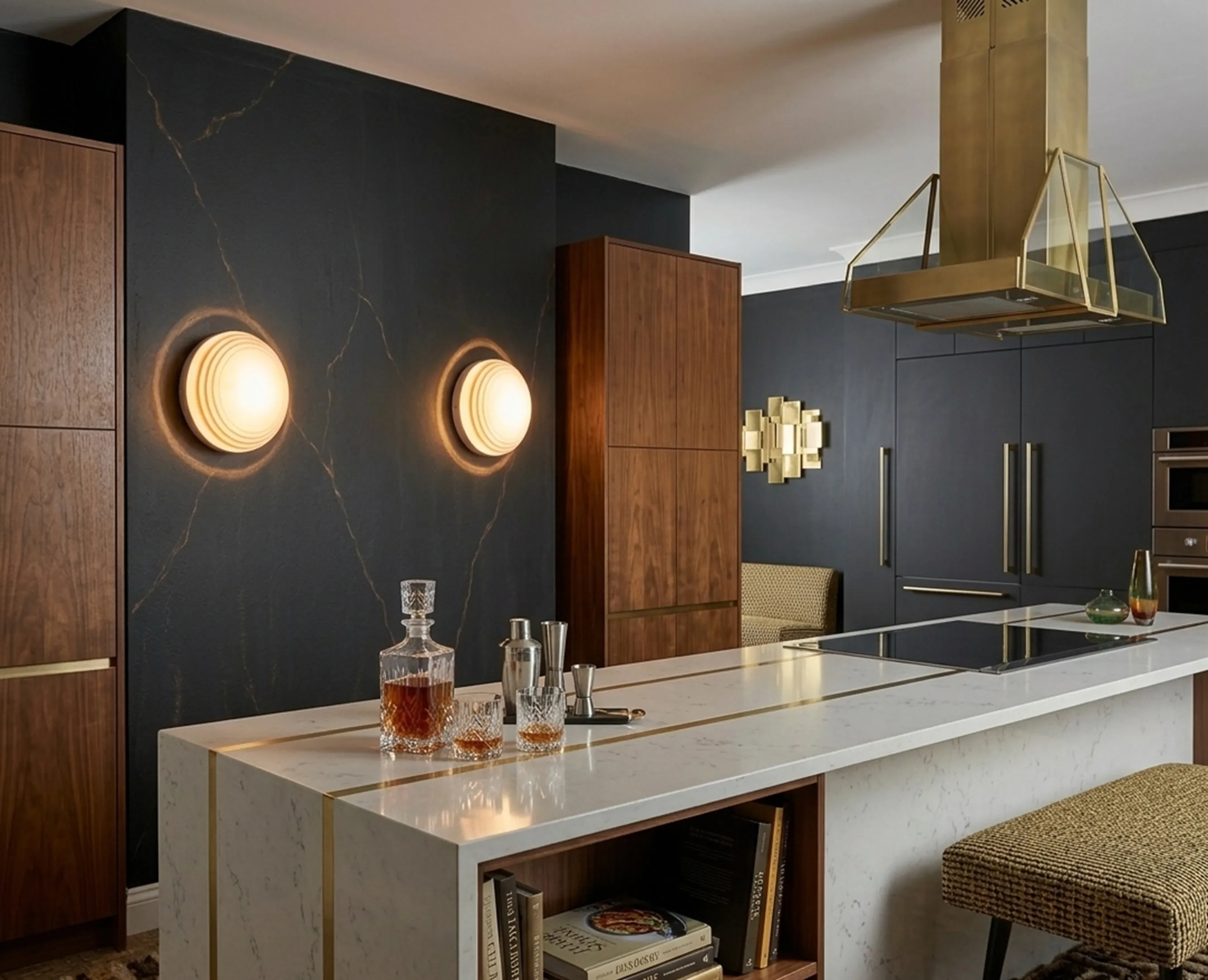 Three antique ceiling lights in a modern kitchen, illuminating the space.