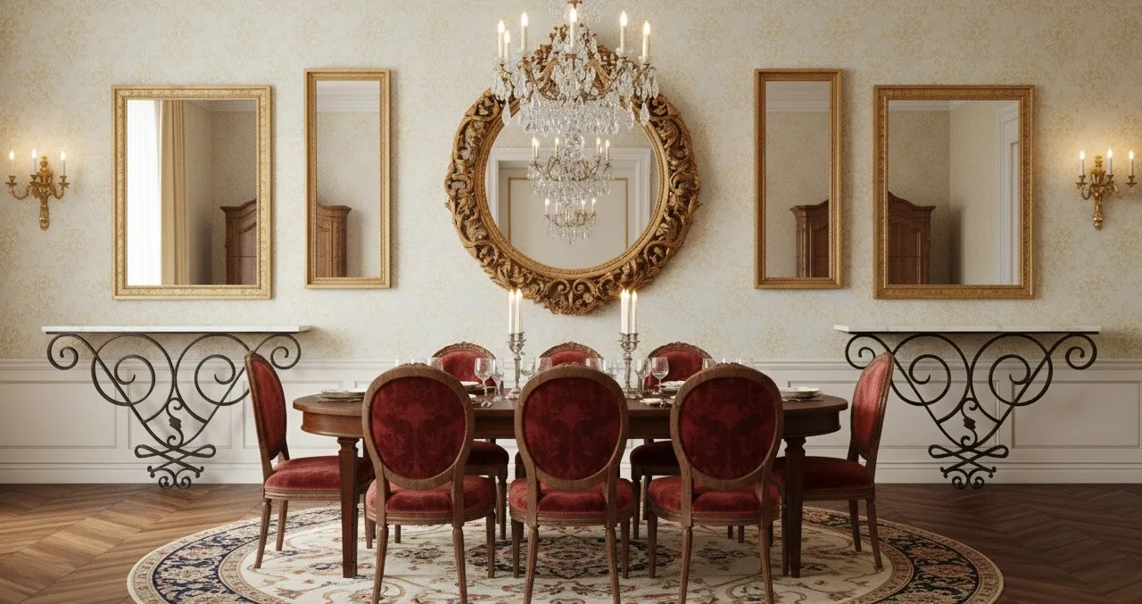 two antique consoles with elegant design and decorative details in a classic setting