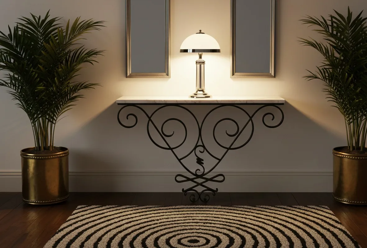 antique consoles with lamp and greenery