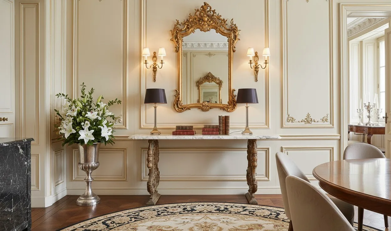 Antique console with lamps and mirror, elegantly decorated