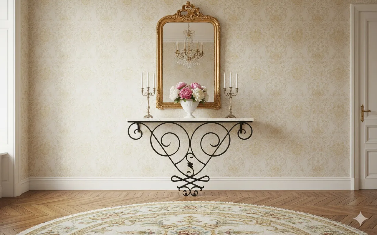 View of two antique consoles with flowers in an elegant setting