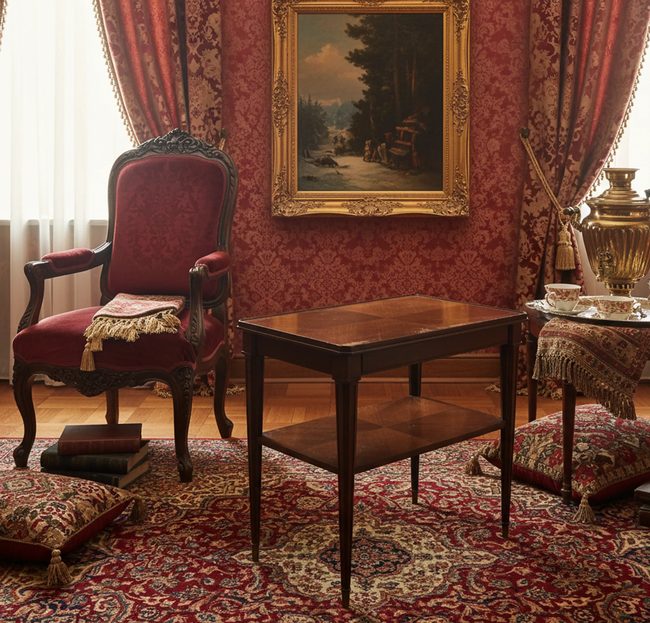 Antique small table with two shelves, set in an elegant room with a red sofa.