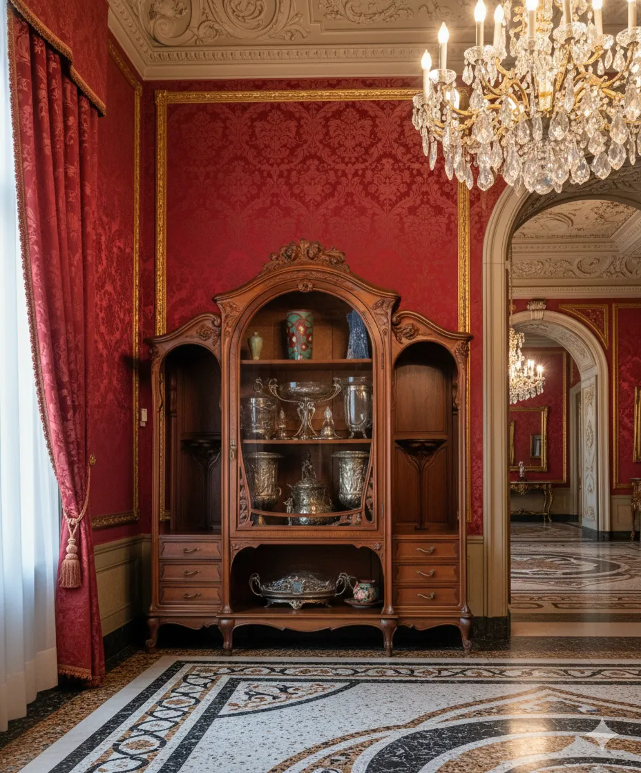 Antique display cabinet with elegant design and embellishments, featuring various objects.