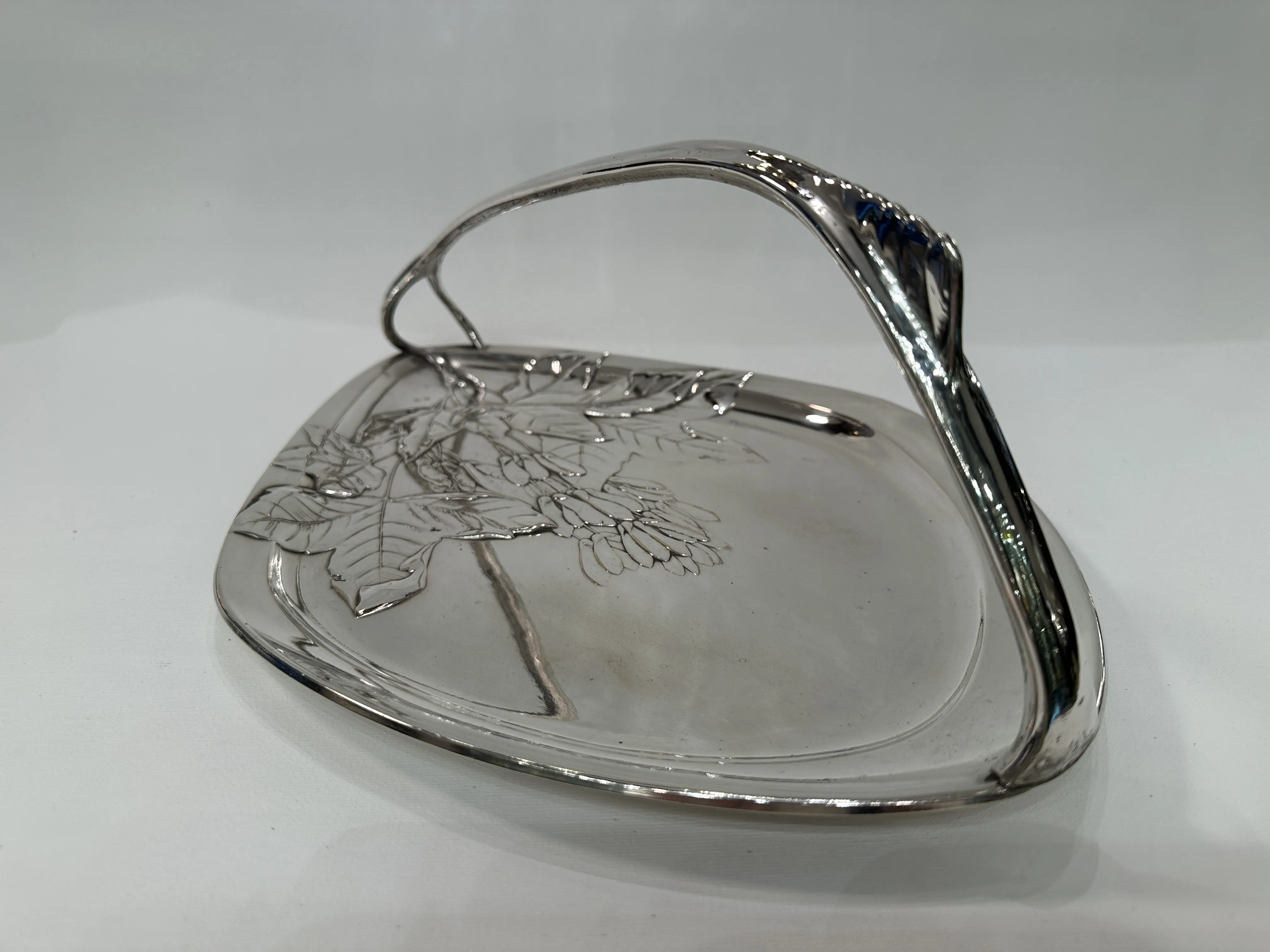 decorated antique card tray WMF with handle and floral design