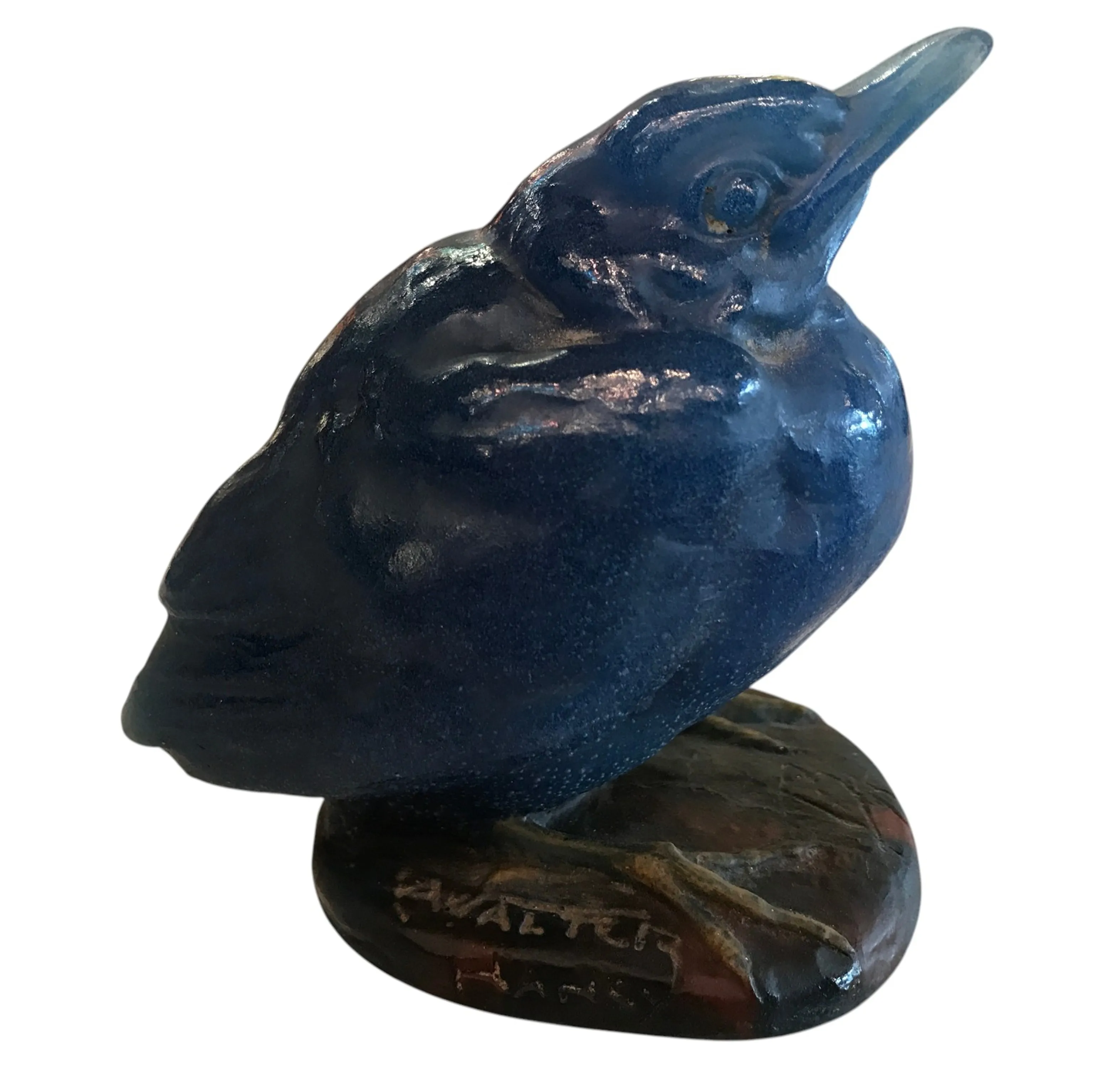 Blue bird figure in signed glass, dark colored base