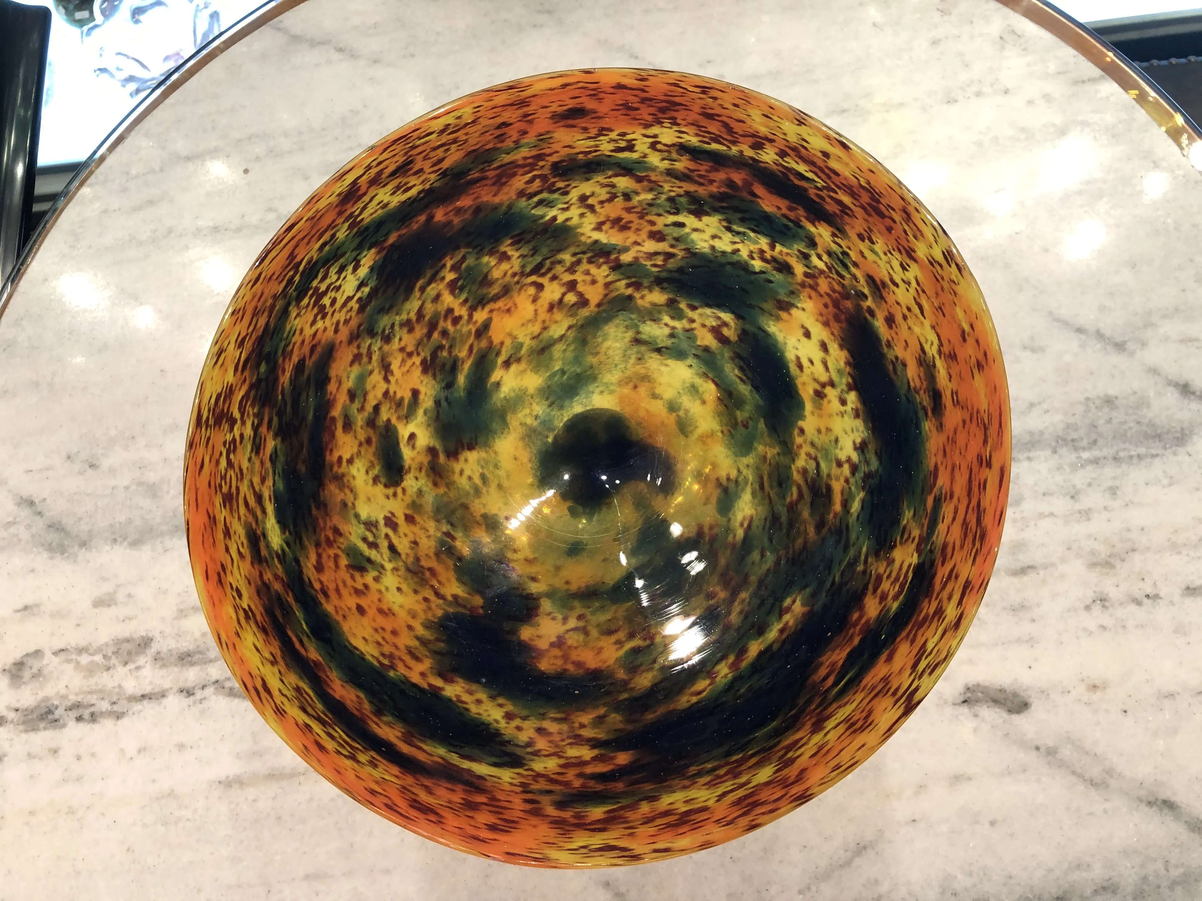 Antique signed glass bowl by Schneider, vibrant colorful pattern