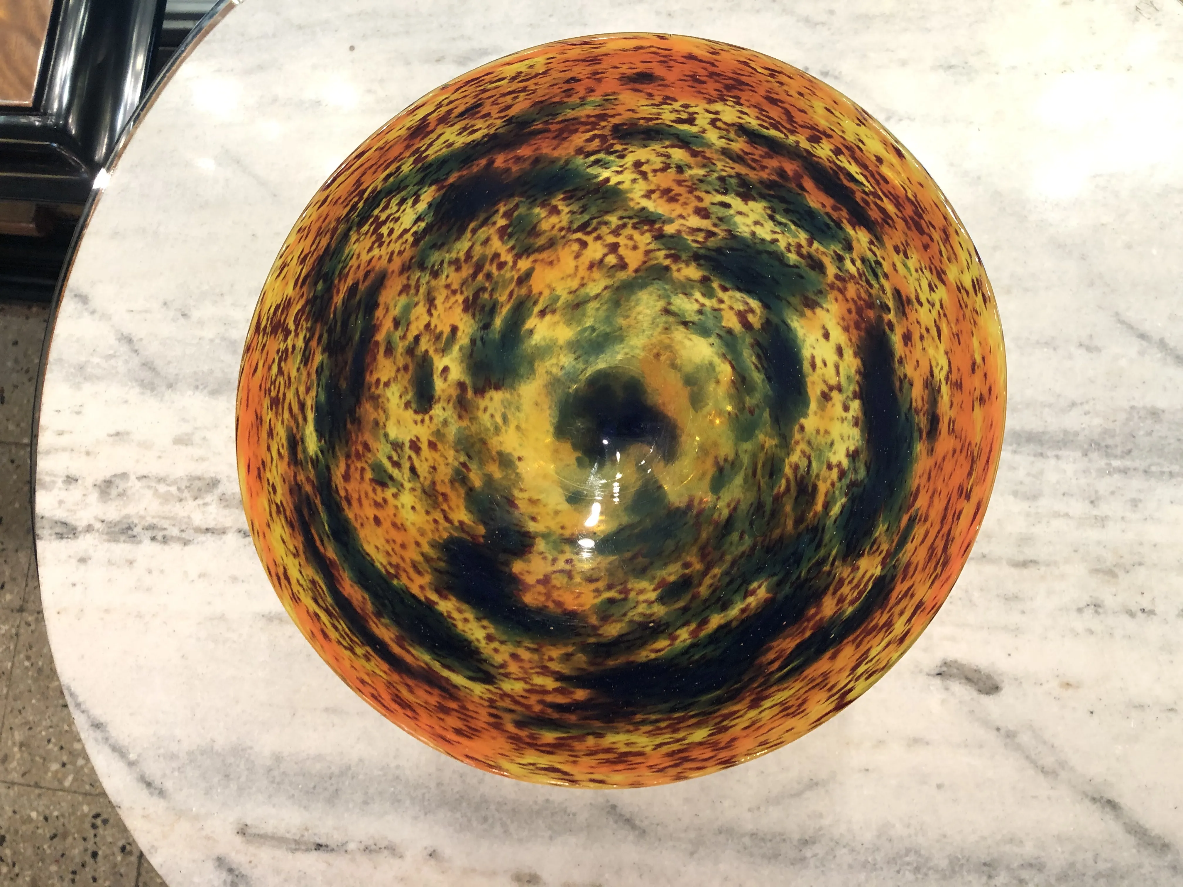 bowl of signed glass in orange and green tones, antique