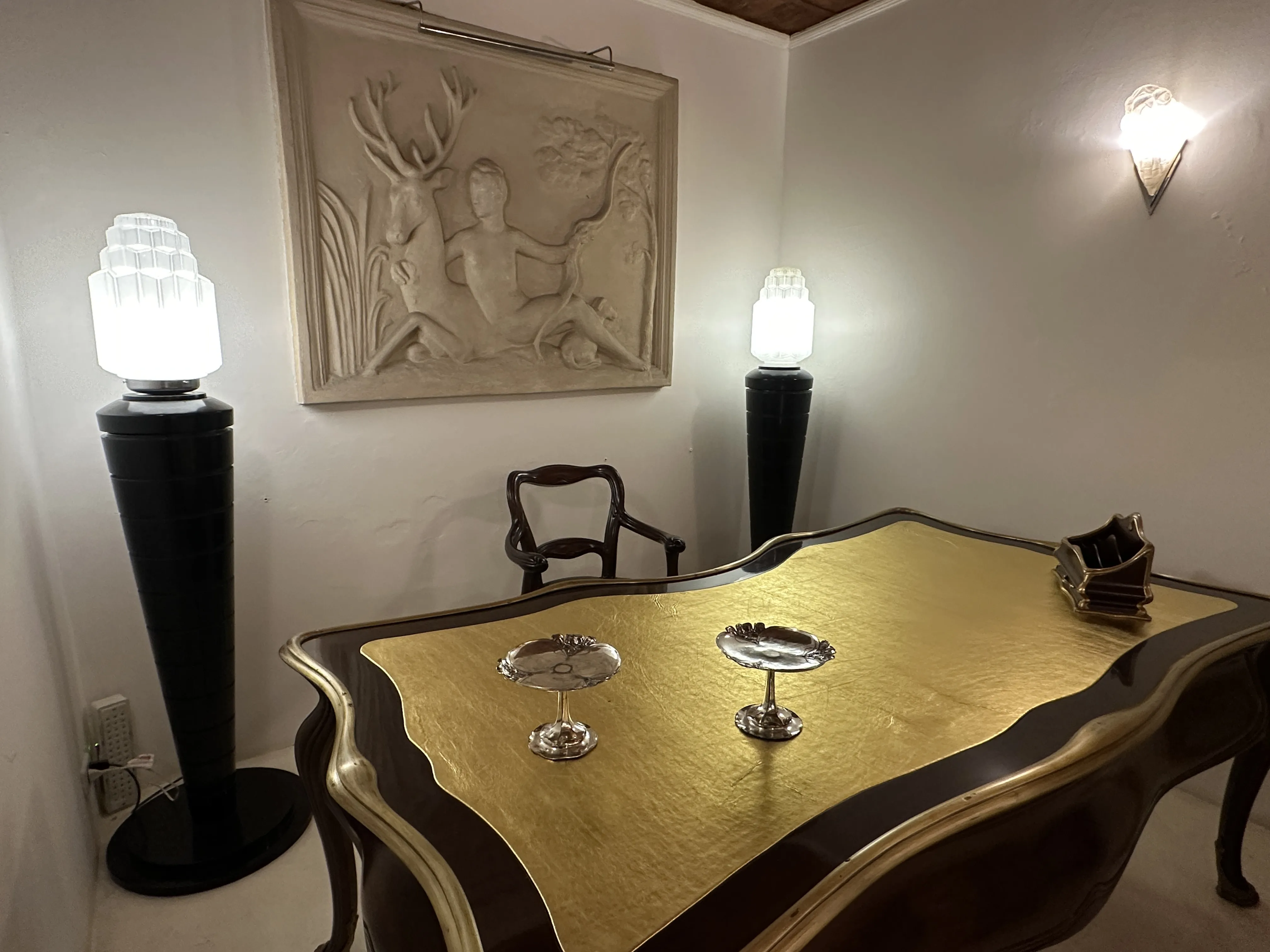 Antique card tray WMF on an elegant desk with lamps and décor.