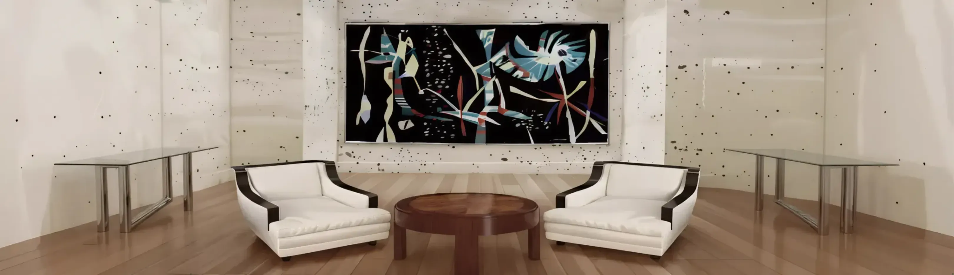 two antique armchairs placed in an elegant room with modern art.