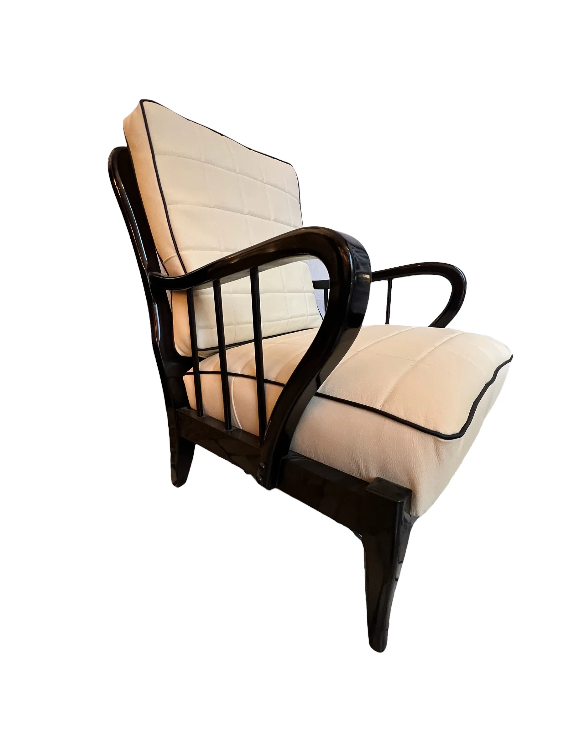 side view of 2 antique armchairs in light color, design by Paolo Buffa, minimalist environment