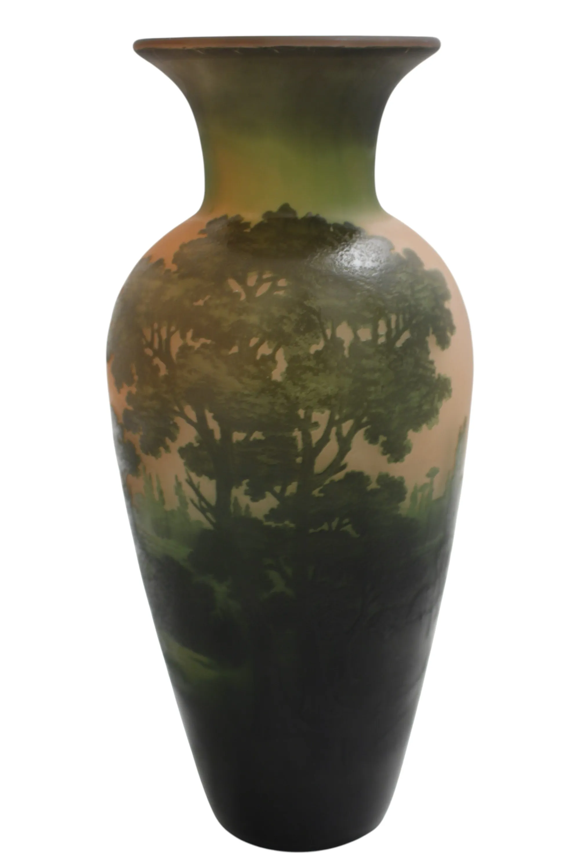 Antique vase painted with a green and dark landscape