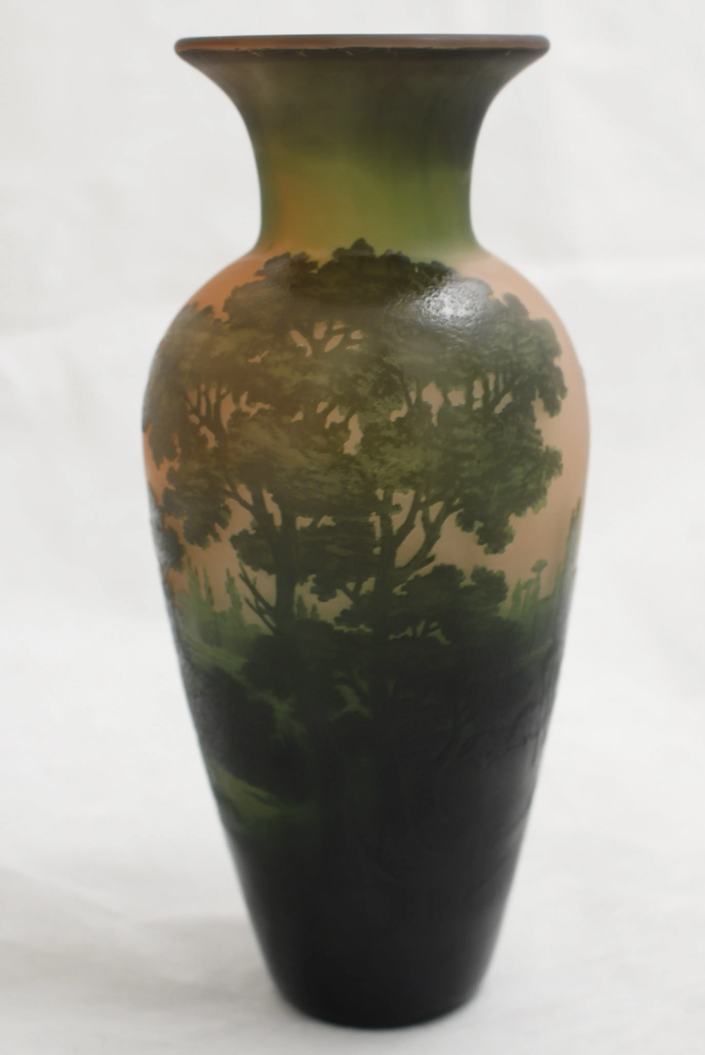 Antique signed glass d'argental featuring a detailed landscape with trees