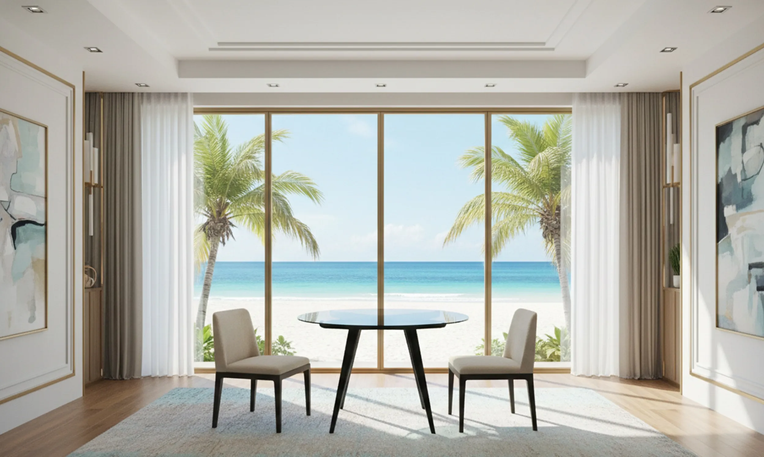 Antique dining table with ocean view and palm trees