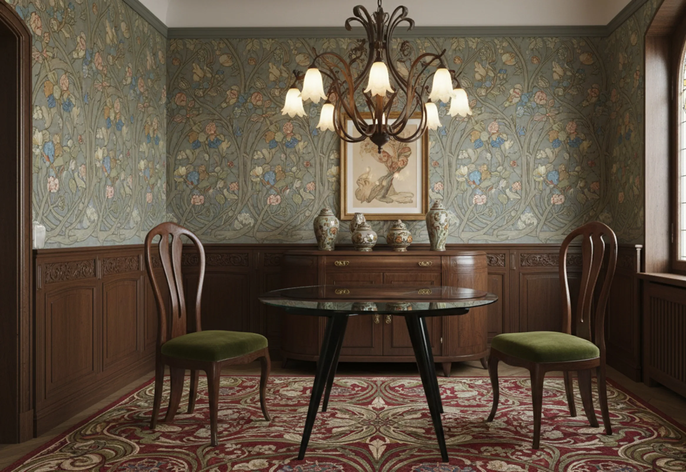 Antique glass dining table with green chairs in vintage setting.