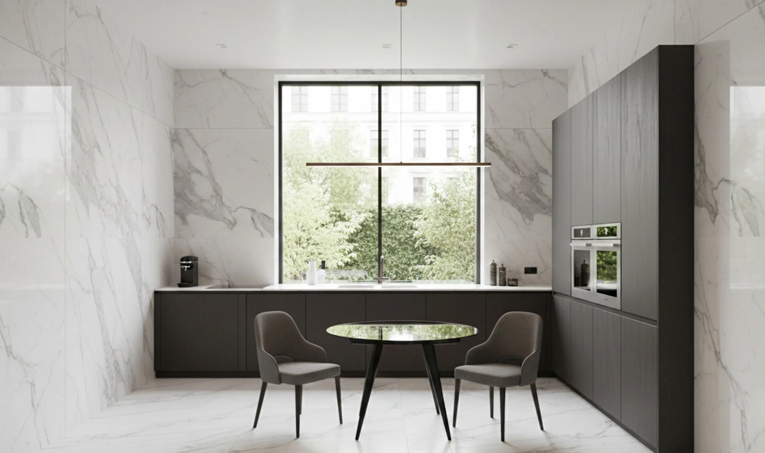Antique dining table for 4 people in modern setting, with gray chairs, minimally decorated.