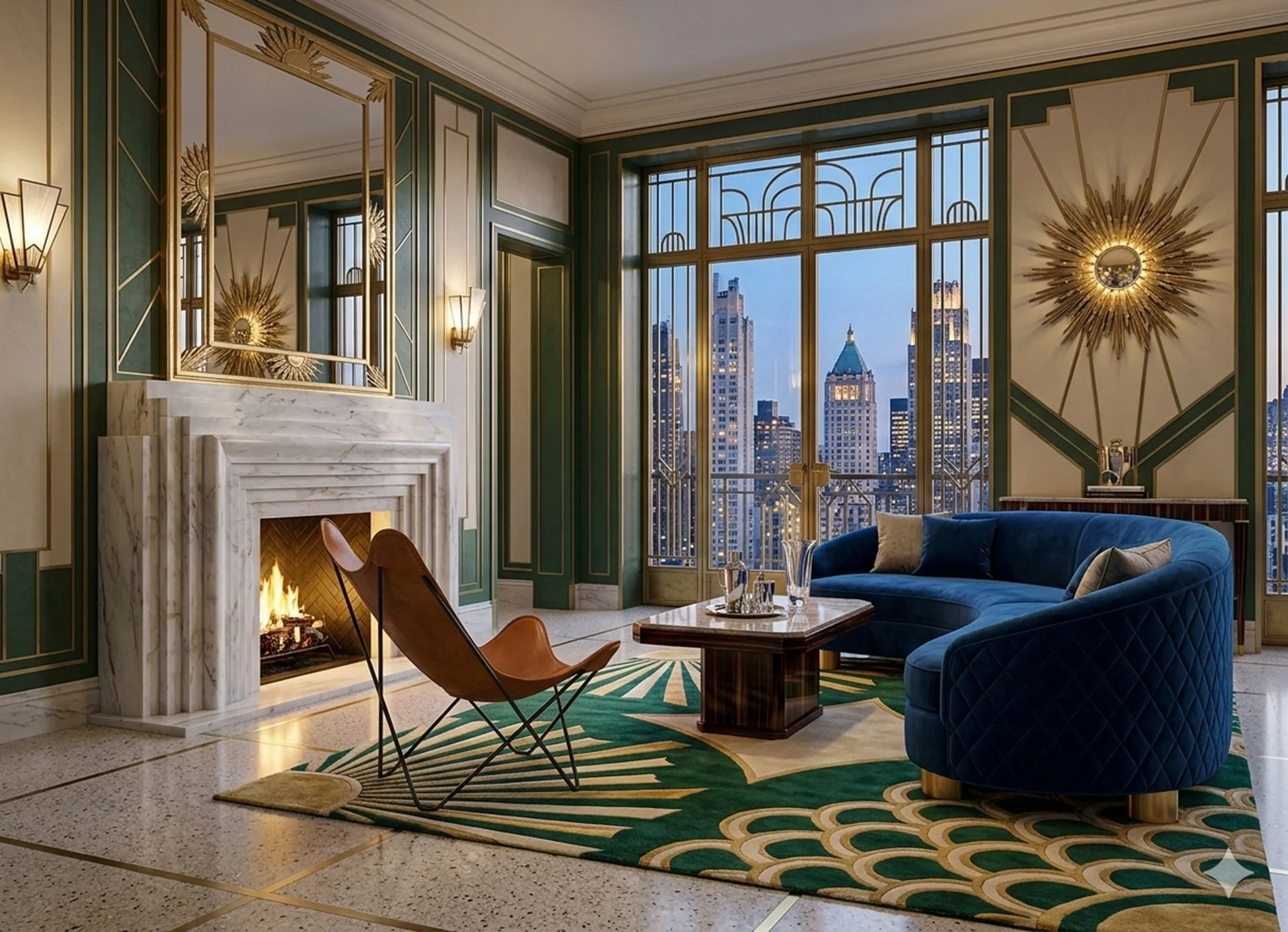 Antique BKF armchair in an elegant living room with a fireplace and urban view.