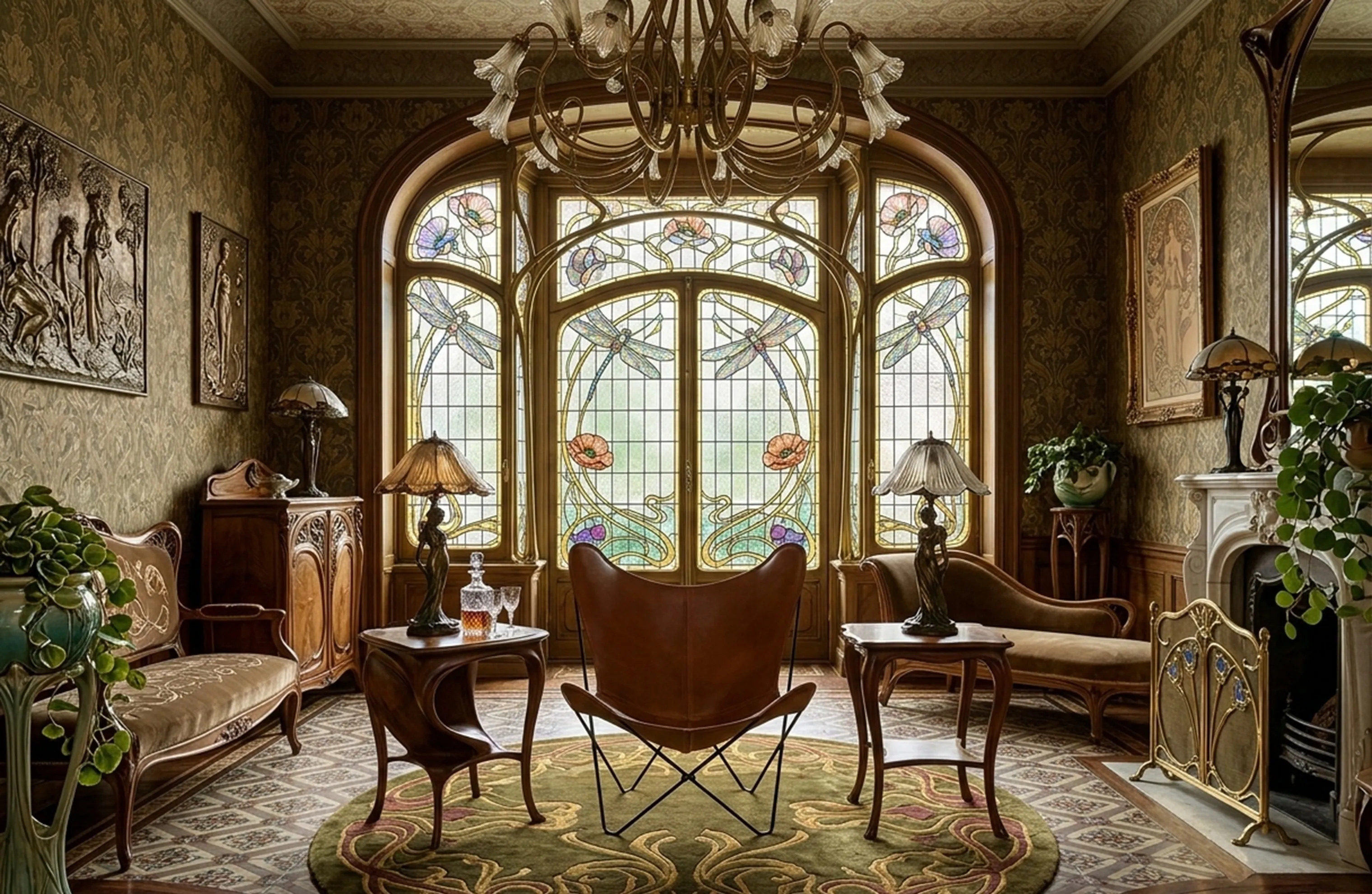 Antique BKF armchair in a cozy setting with lamps.