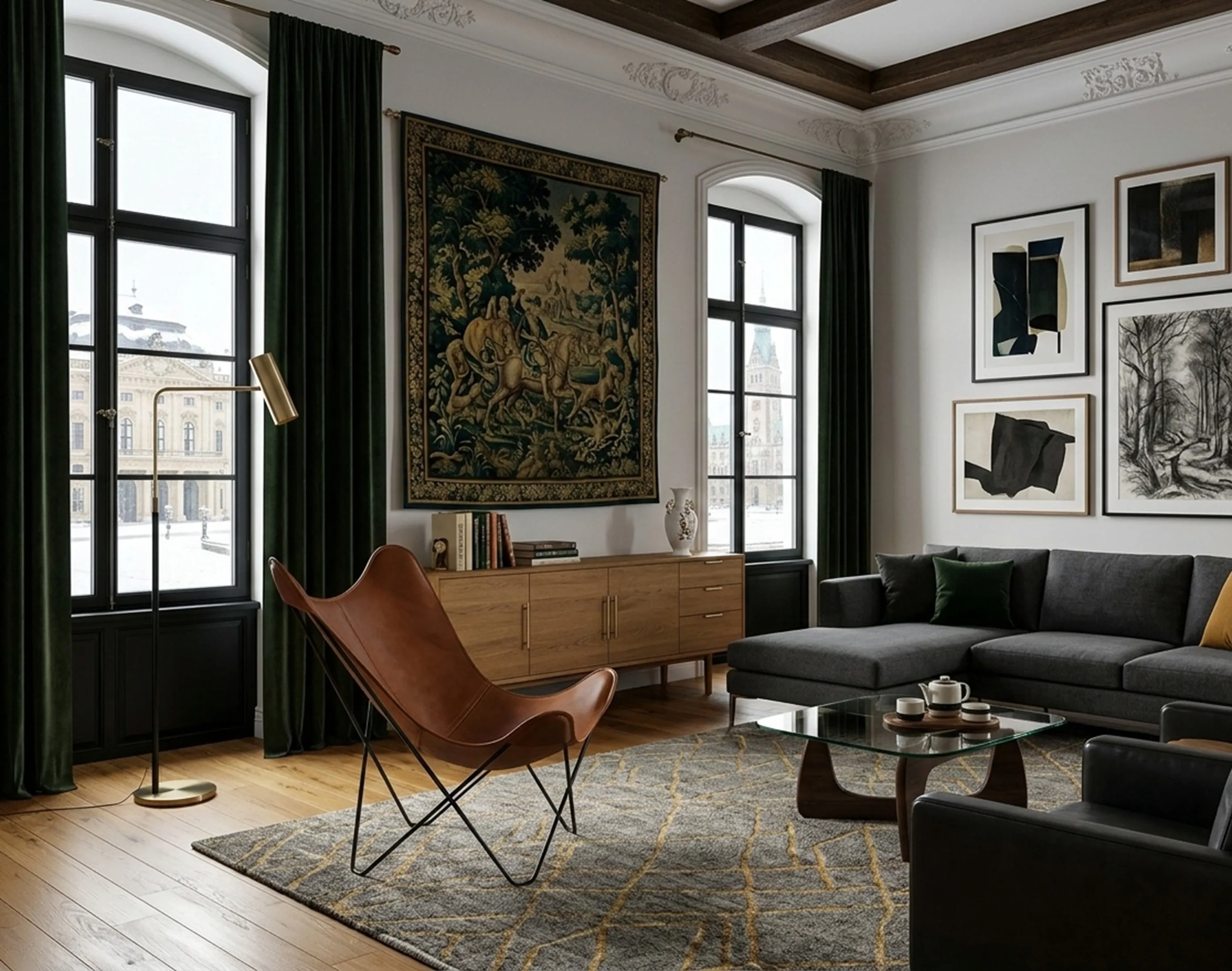 Antique BKF armchair with a curved design in a stylish living room with modern art