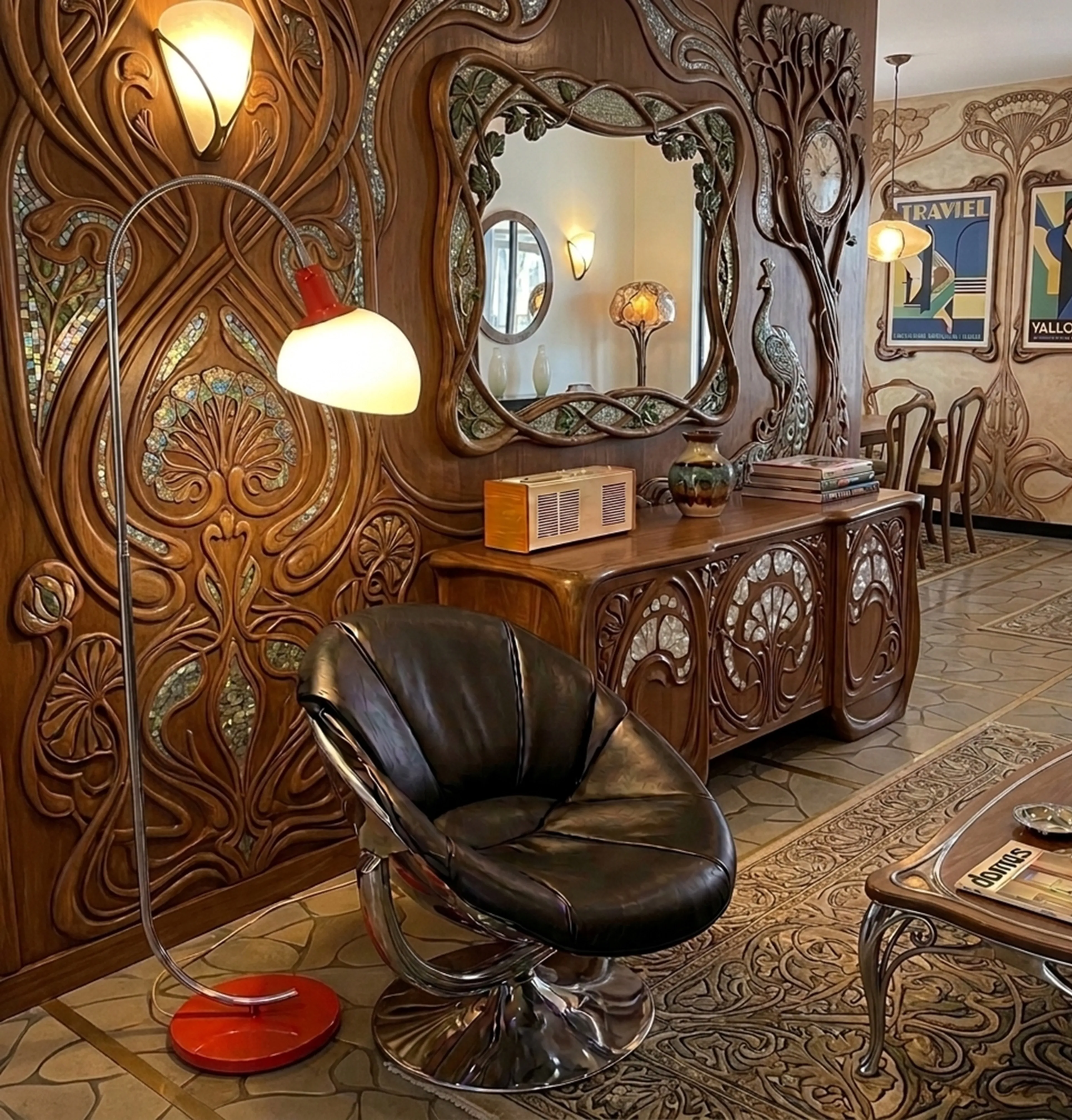 Старый торшер с красной базой в декоративной обстановке.